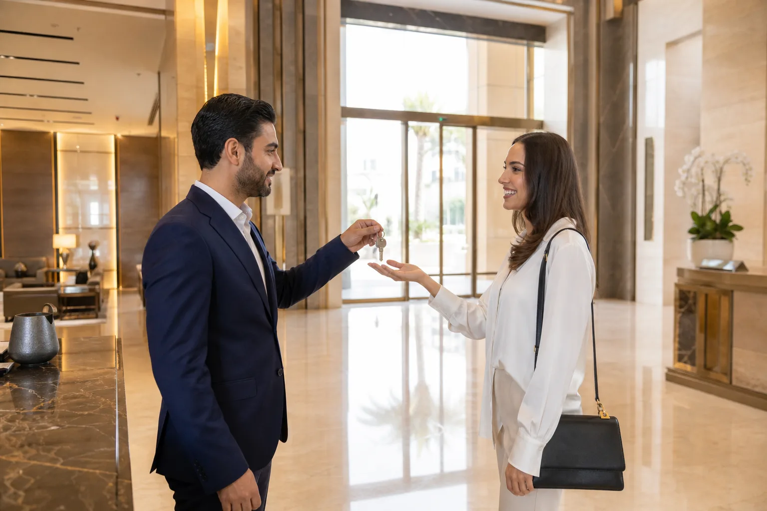 Handover of keys to a new apartment between an agent and a buyer in an elegant residential lobby