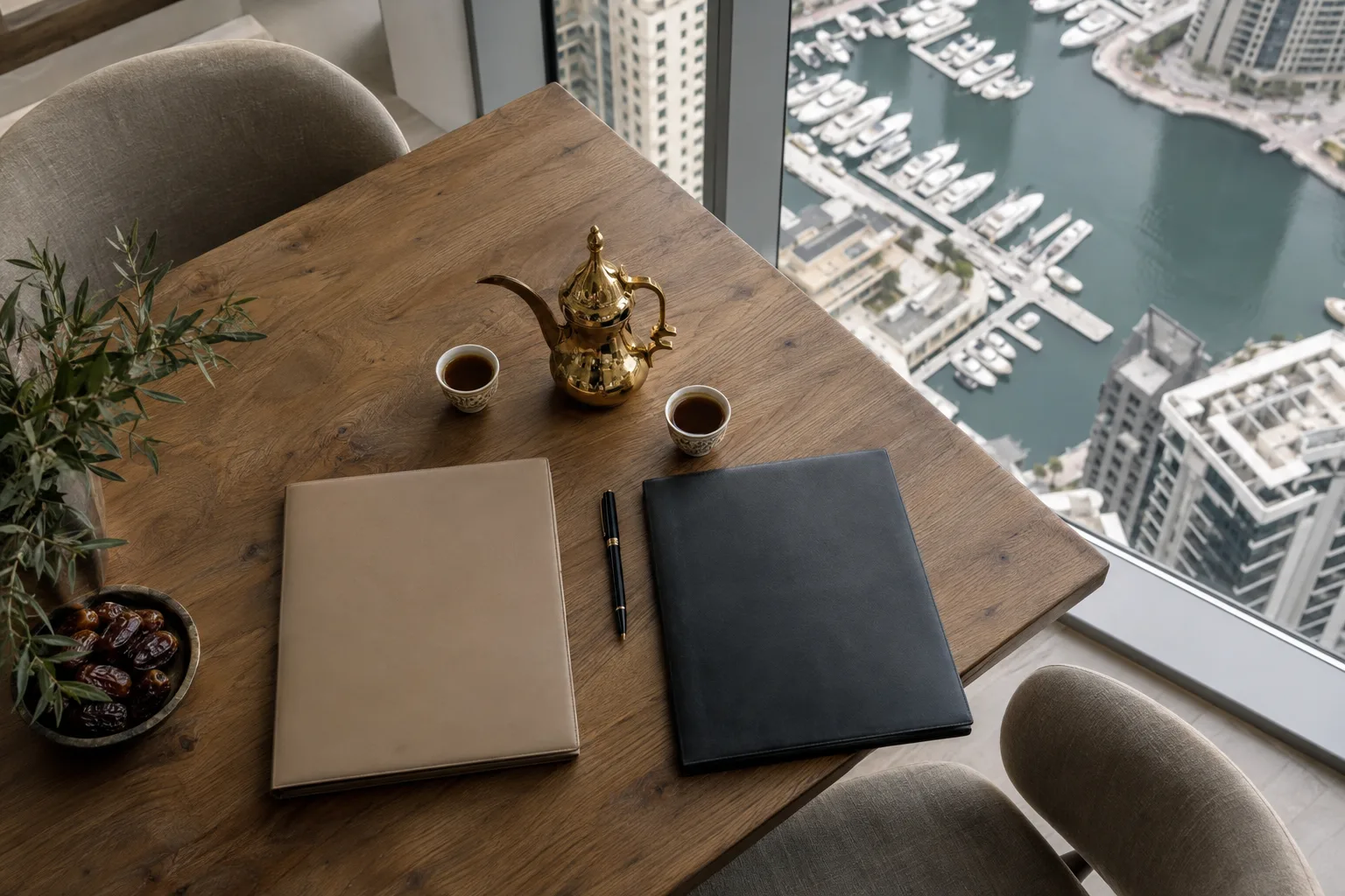 Overhead view of a table with two closed folders, a pen and Arabic coffee