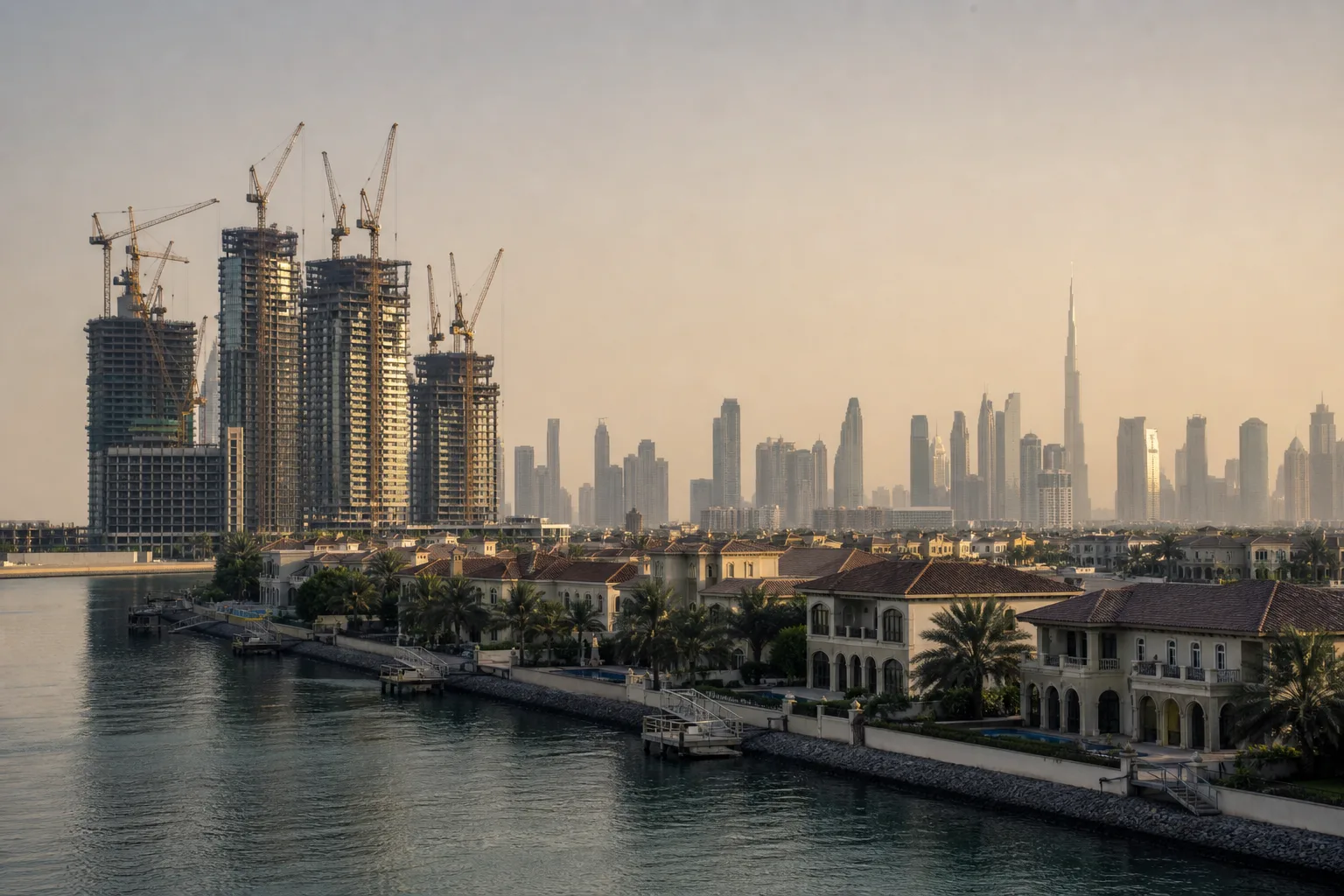 Contrast between a site of new towers under construction and an established waterfront villa district
