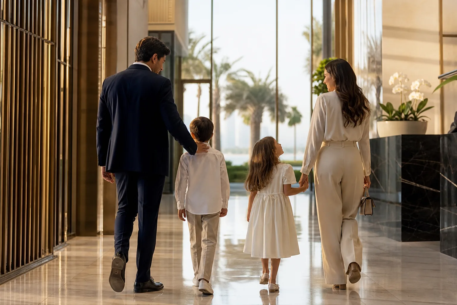 Famille élégante marchant ensemble dans le hall d'une résidence de luxe à Dubaï en fin de journée