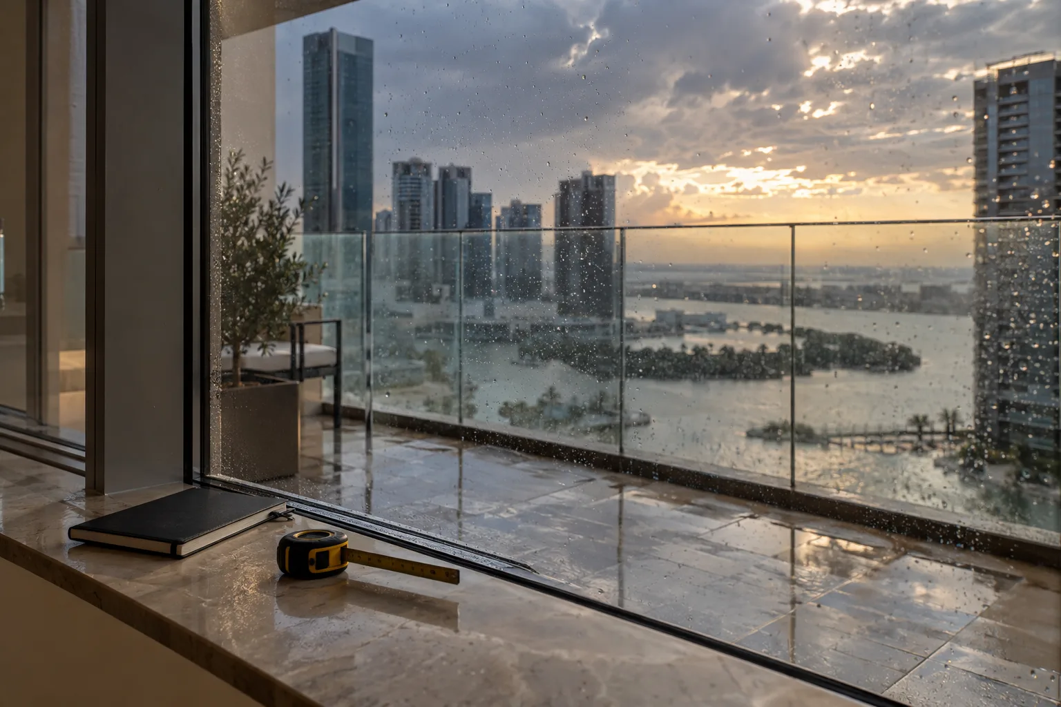 Window ledge of an empty apartment with a tape measure and closed notebook, raindrops on the glass