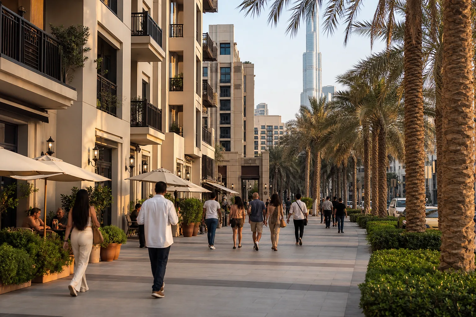 Vue de rue animée d'un quartier résidentiel de Dubaï avec commerces et passants en fin de journée