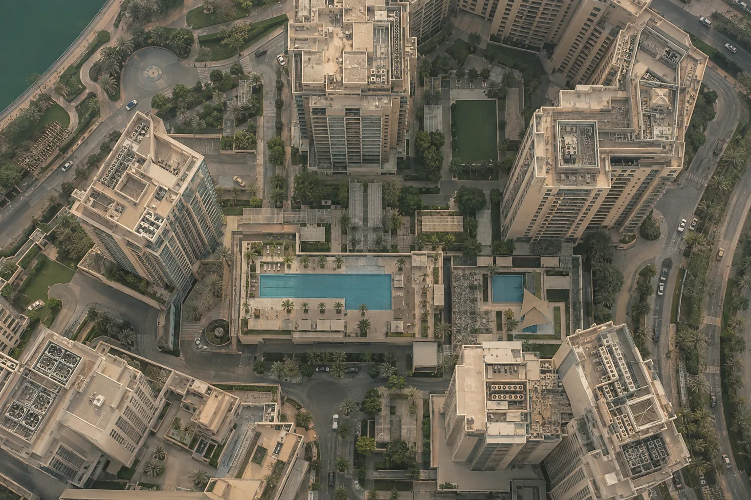 Overhead view of residential rooftops, shaded courtyards and tree-lined streets on Reem Island in a sandy haze