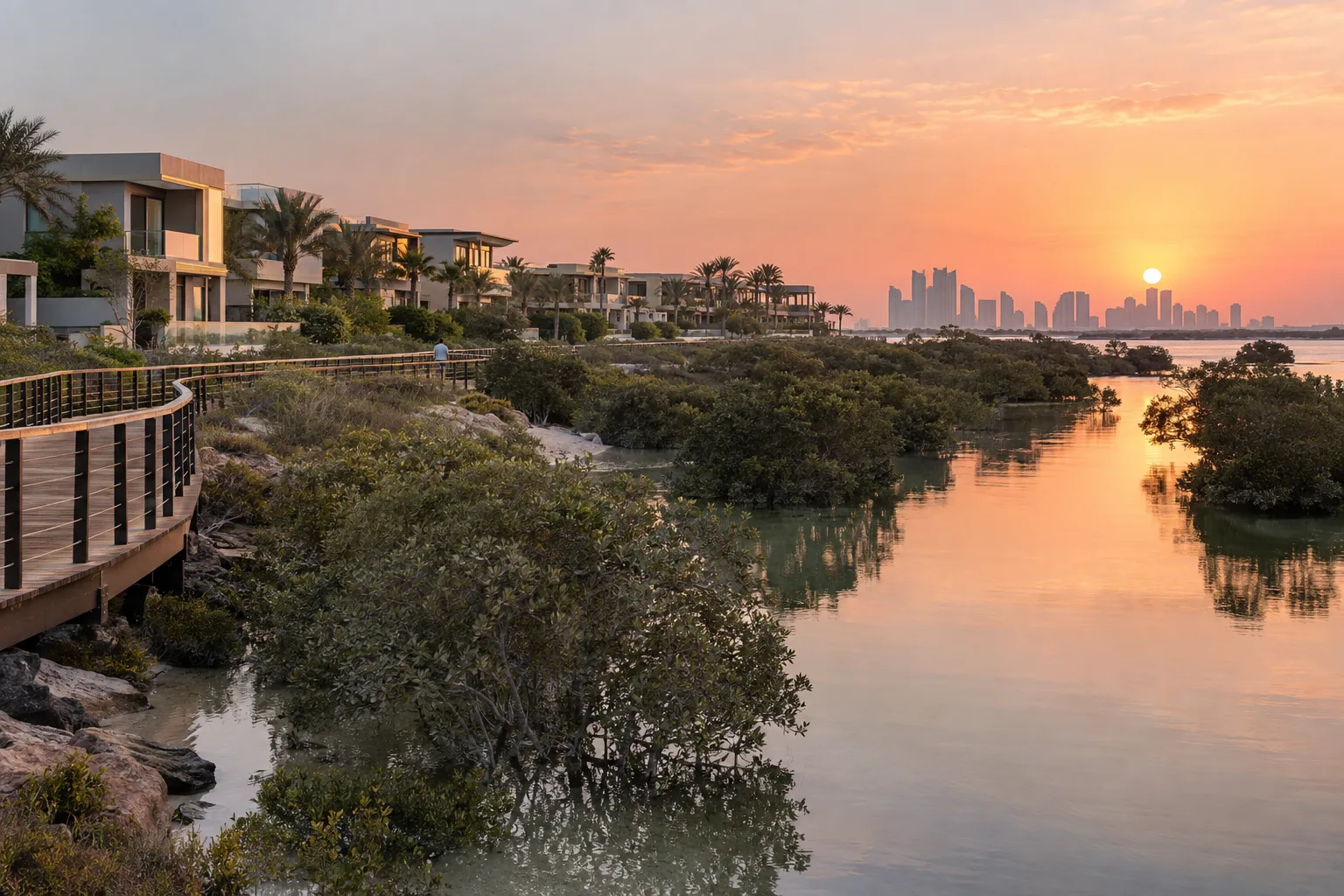 Low-rise villas along a mangrove channel on Saadiyat Island at sunrise