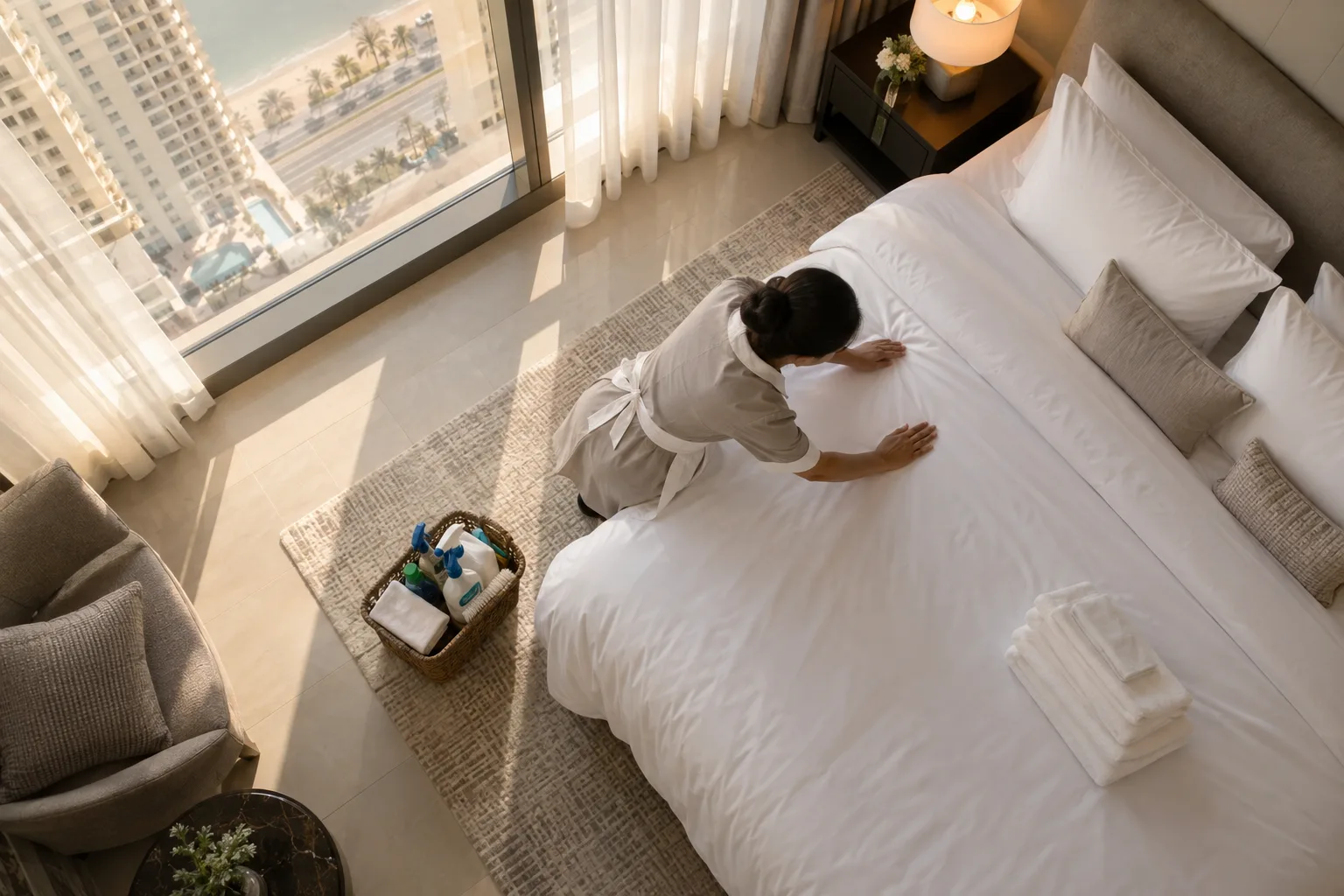 Overhead view of hands making a bed with fresh linen in a short-term rental apartment