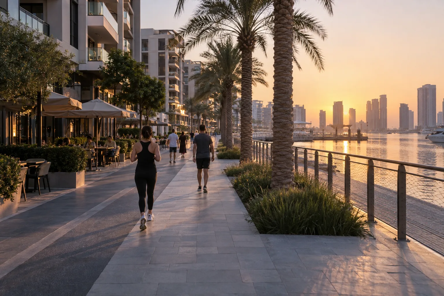 Residents seen from behind walking at sunrise at the foot of residential buildings along the creek