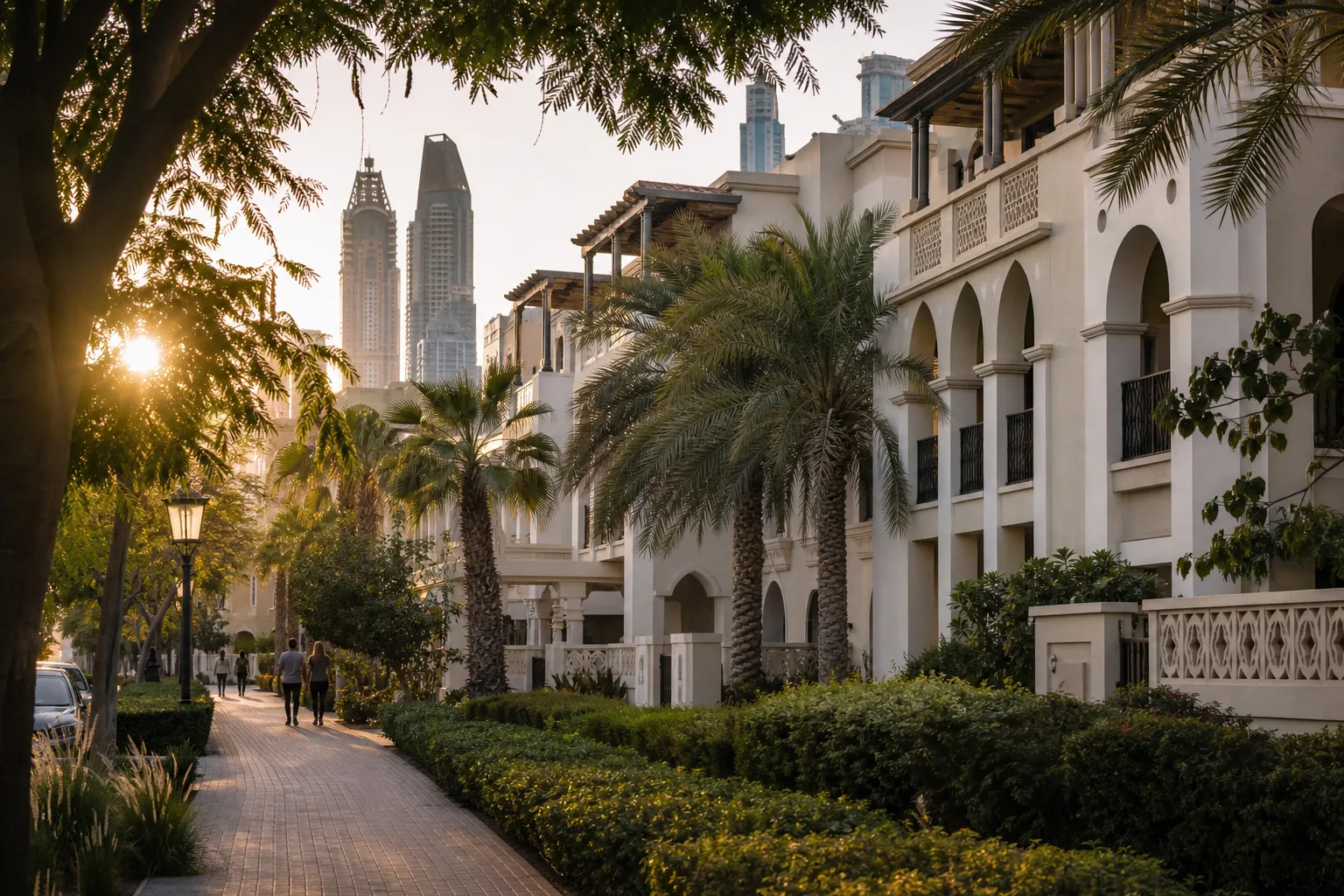 Tree-lined street in an established Dubai district with elegant buildings and strollers at day's end