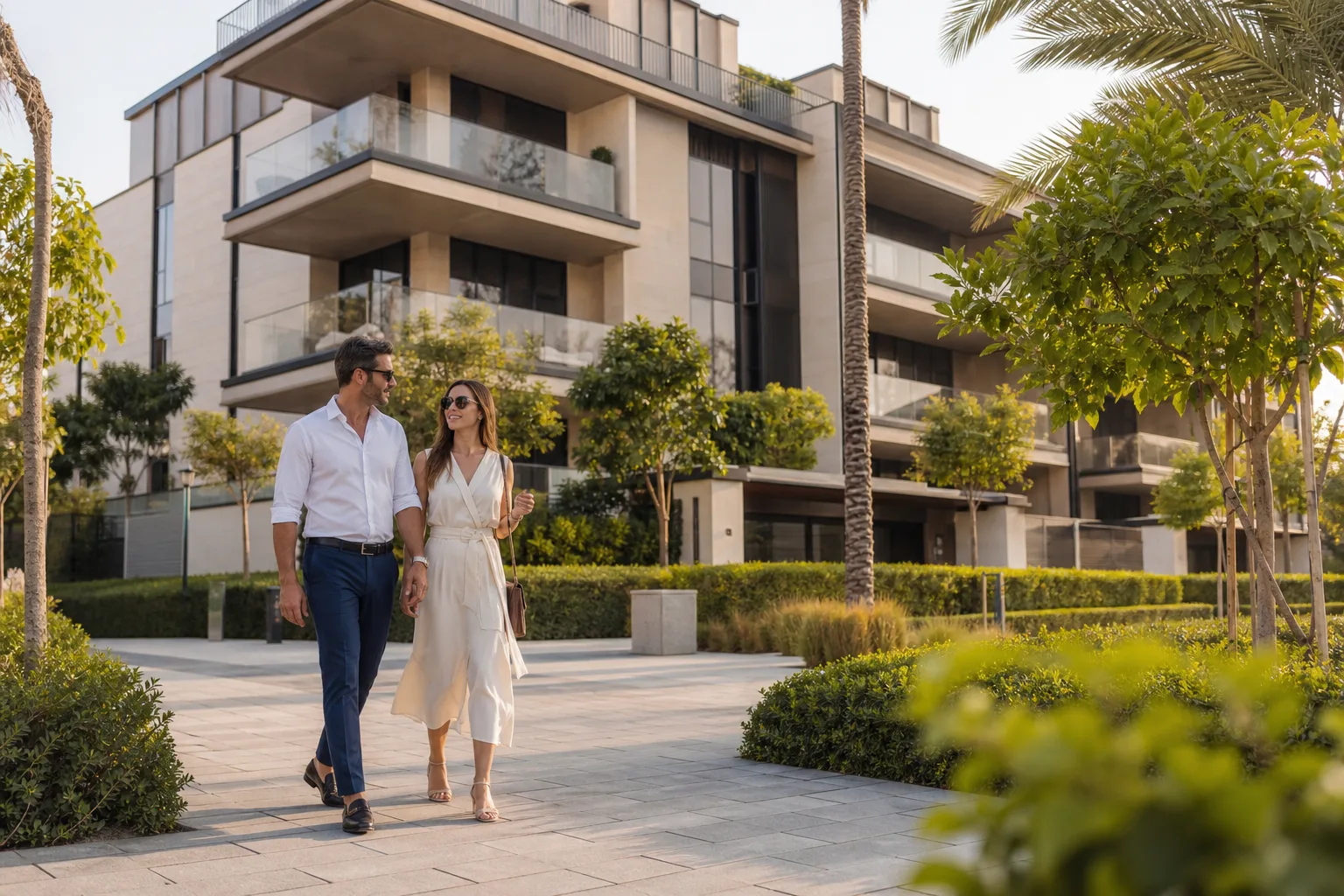 Expat couple walking in front of an upscale residential building in a quiet Dubai district