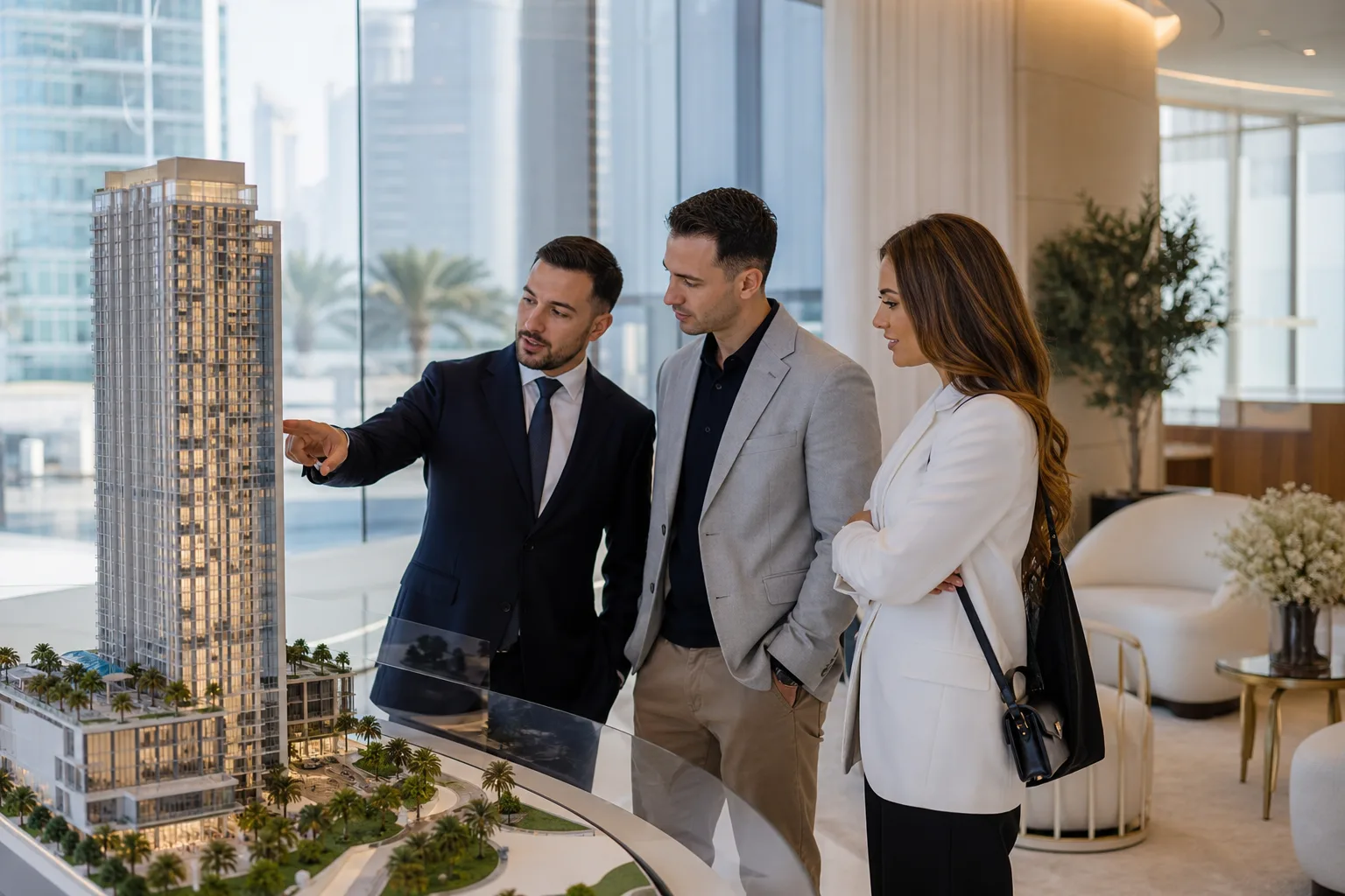 Inversores consultando una maqueta arquitectónica de un proyecto inmobiliario en un showroom luminoso en Dubái