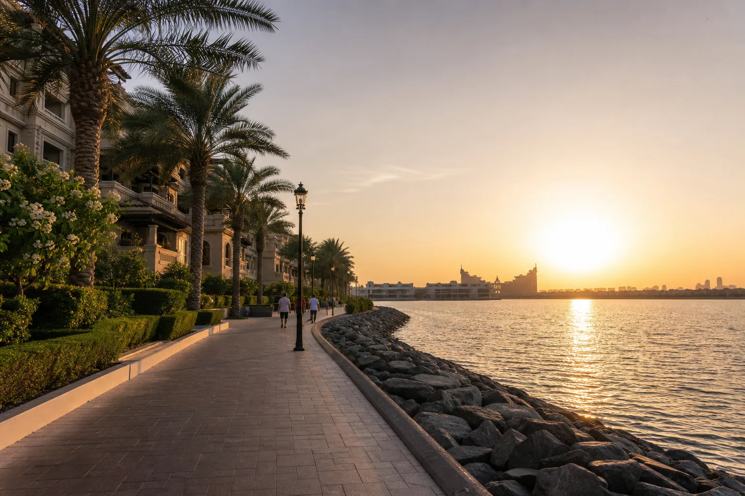 Paseo marítimo bordeado de palmeras y residencias con algunos transeúntes al atardecer