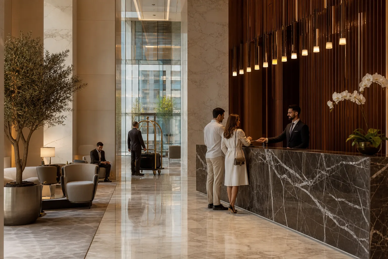 Hall d'entrée luxueux d'une résidence de Dubaï avec conciergerie et personnel d'accueil