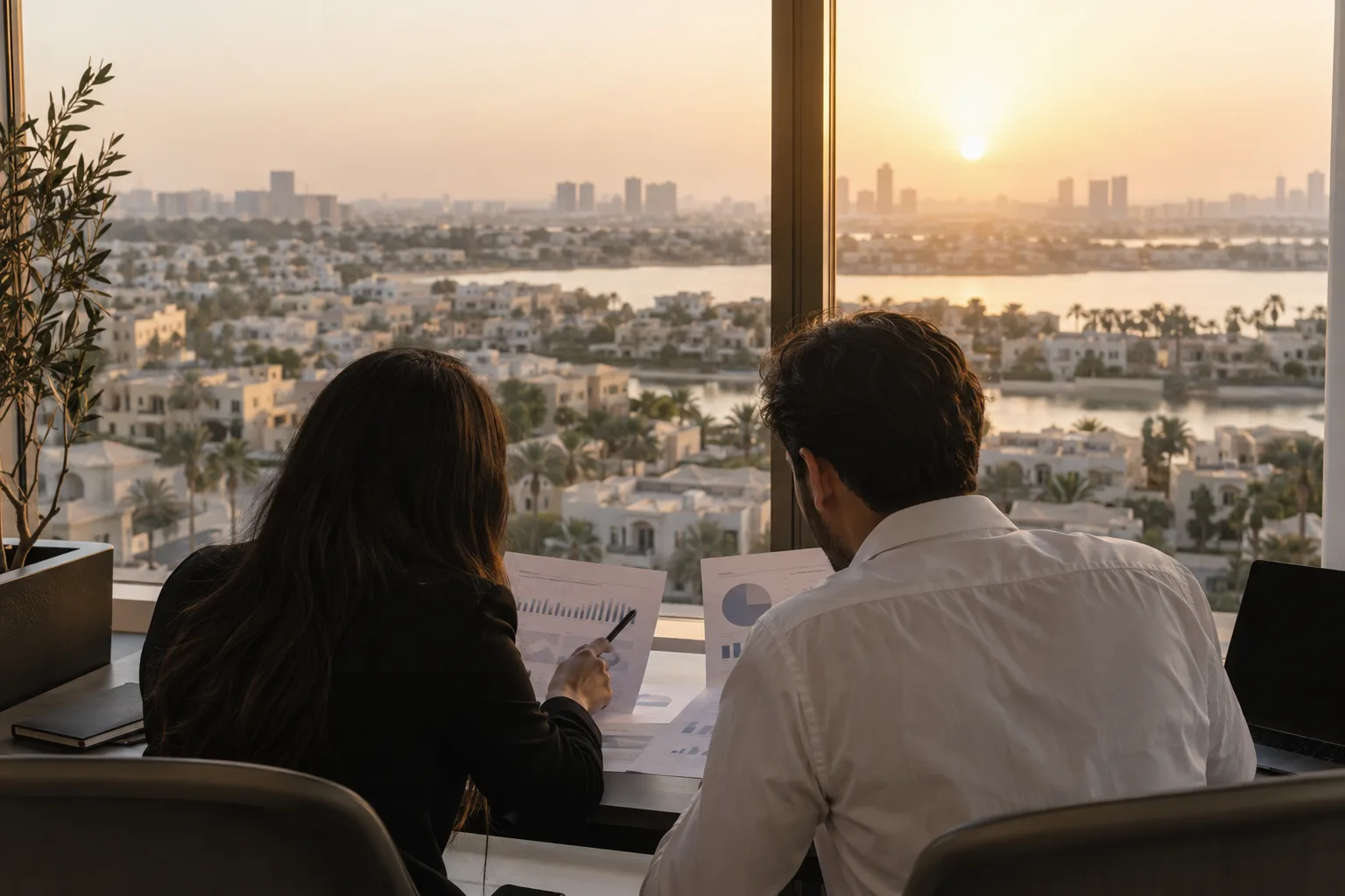 Two people seen from behind comparing chart sheets near an office window