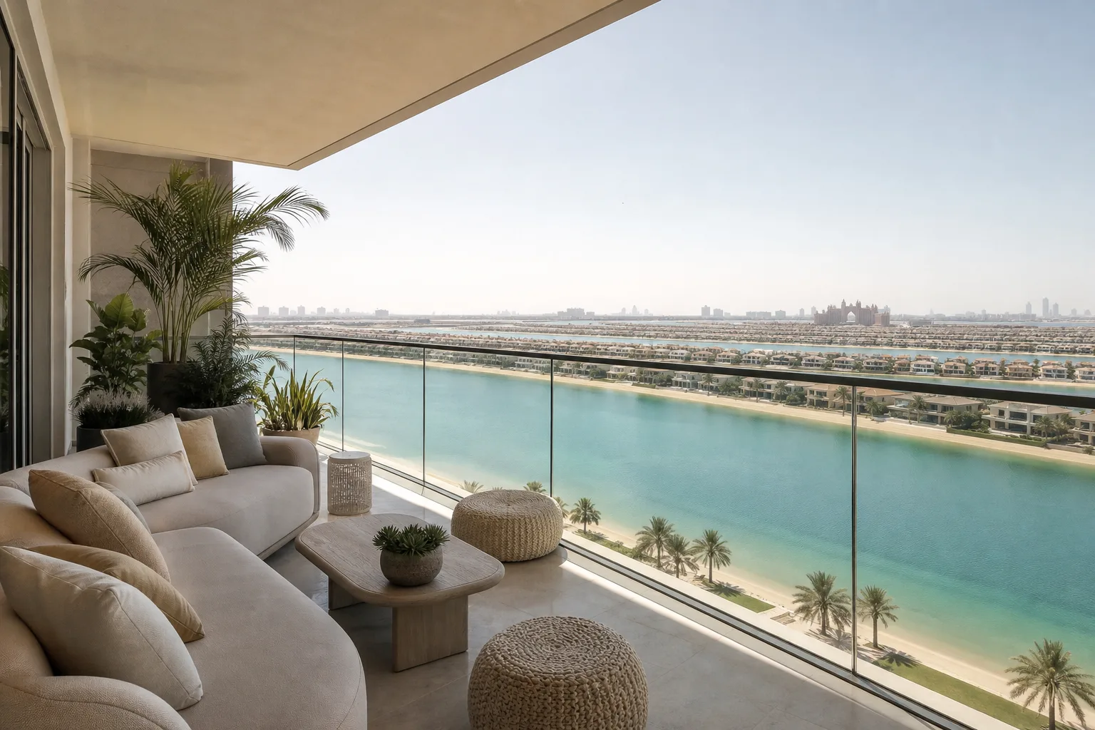 Terraza de un apartamento frente al mar con vistas a las frondas residenciales y a la laguna turquesa