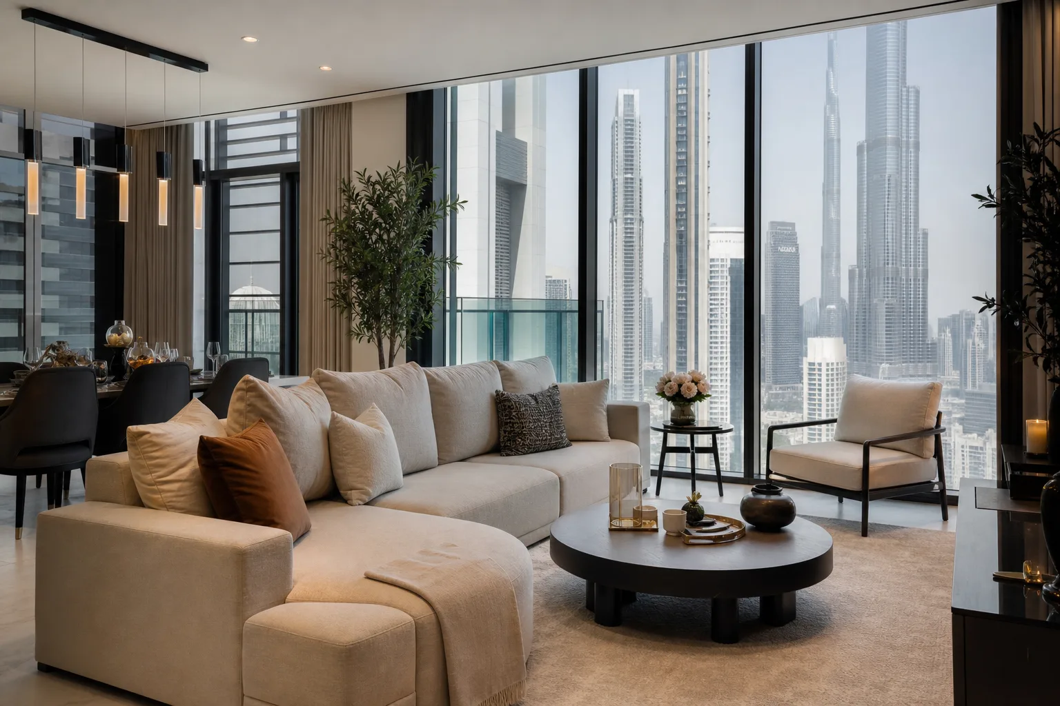 Salon lumineux d'un appartement meublé avec baie vitrée donnant sur les tours de Downtown Dubaï