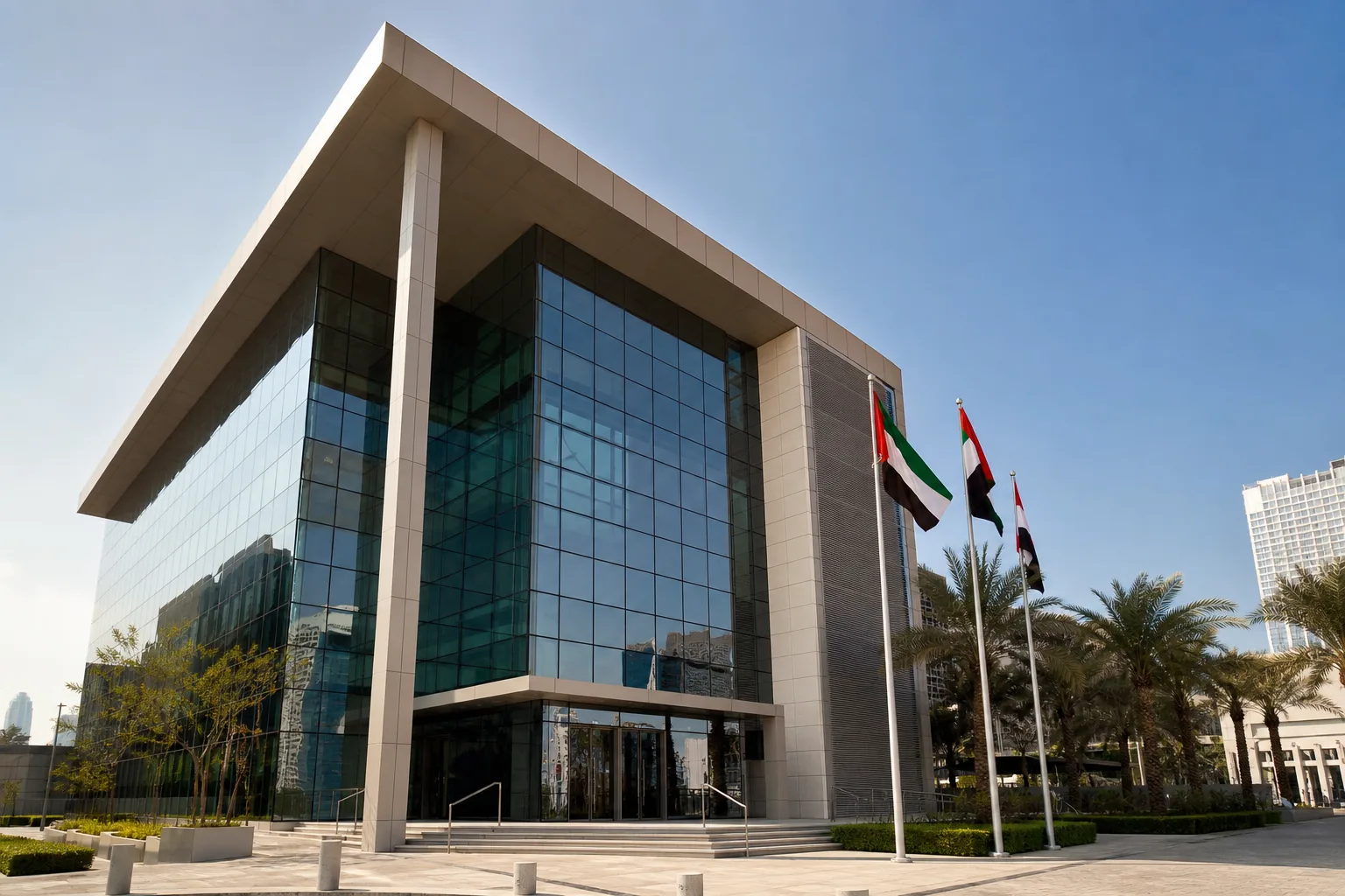 Façade en verre d'un immeuble administratif moderne à Dubaï abritant des institutions, drapeaux et entrée soignée