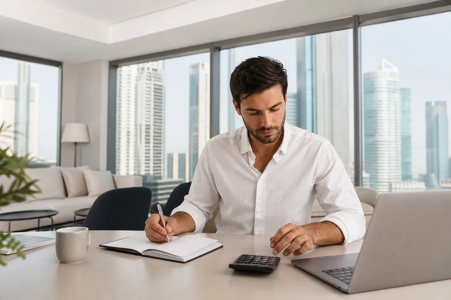 Investisseur assis à un bureau lumineux face à un ordinateur portable dans un appartement moderne surplombant la ville