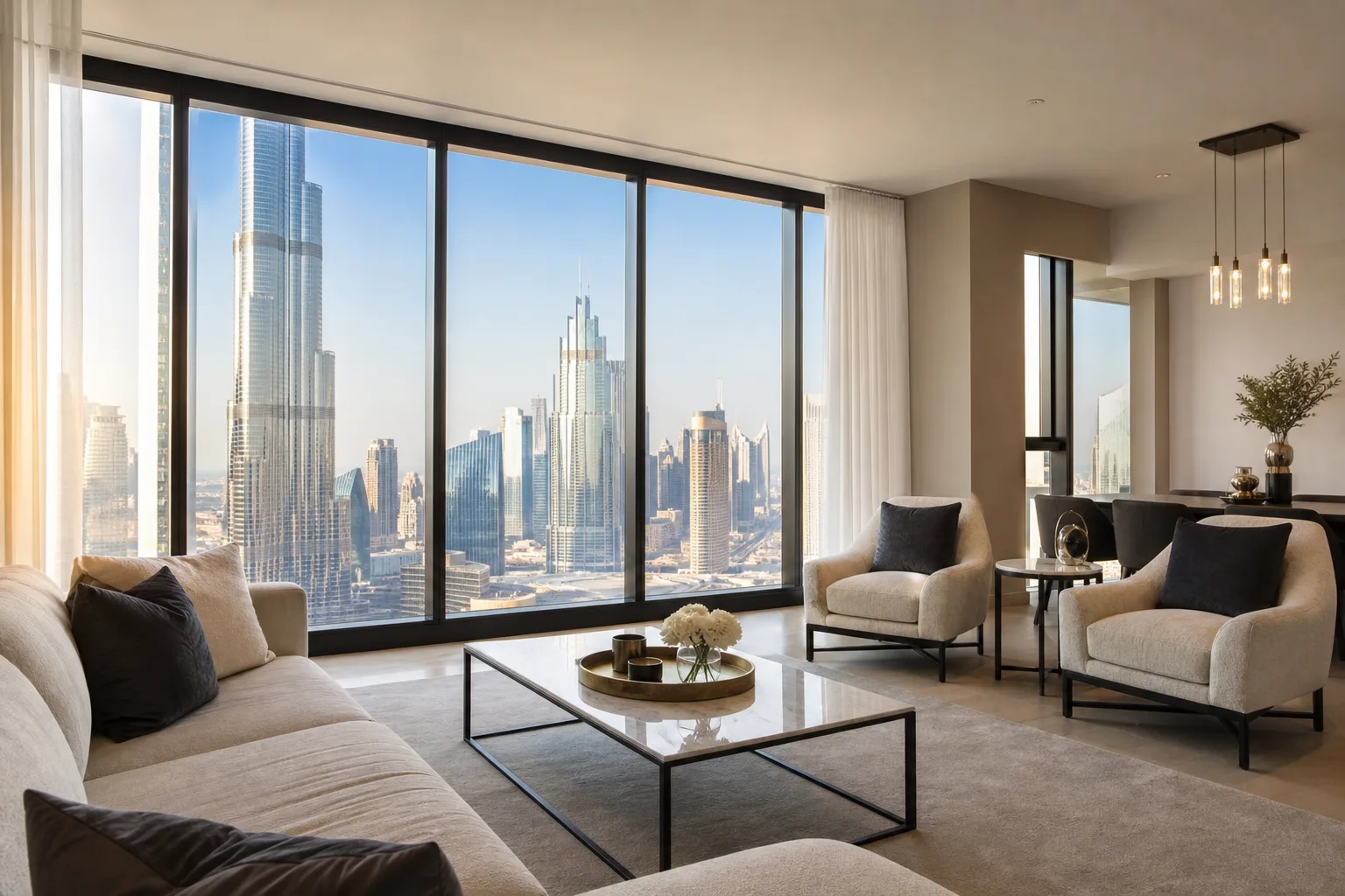 Elegant living room of a furnished apartment for rent in Dubai with a floor-to-ceiling window overlooking the city