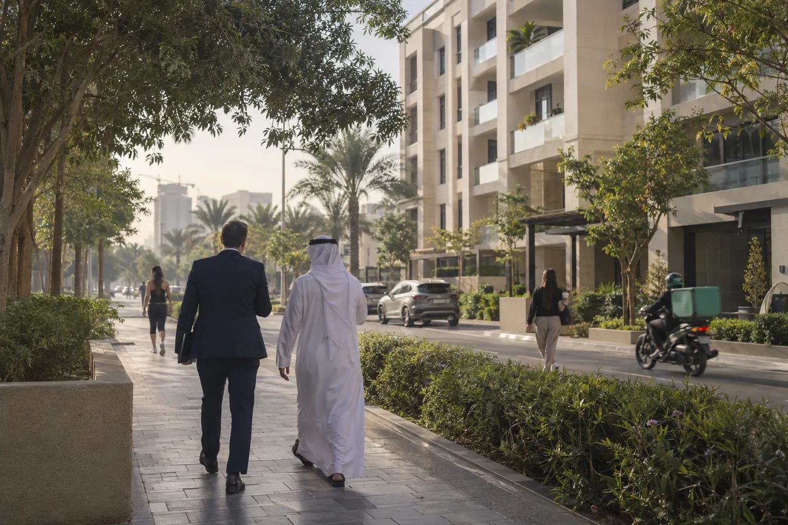 An advisor and an investor, seen from behind, walk toward a completed residential building in a lively rental district of Dubai in the morning