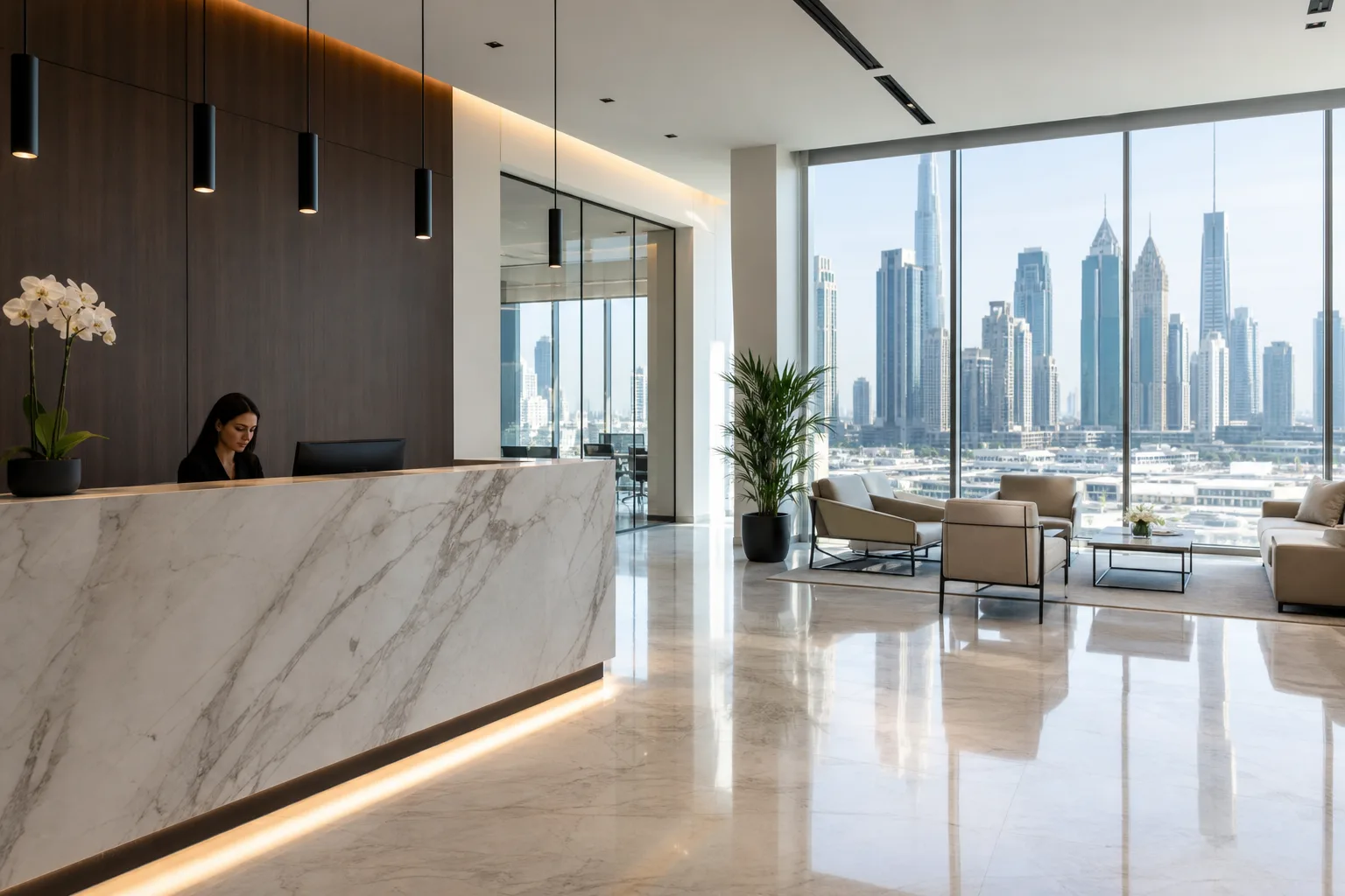 Hall d'accueil moderne d'une agence immobilière à Dubaï avec comptoir en marbre et grandes vitres lumineuses