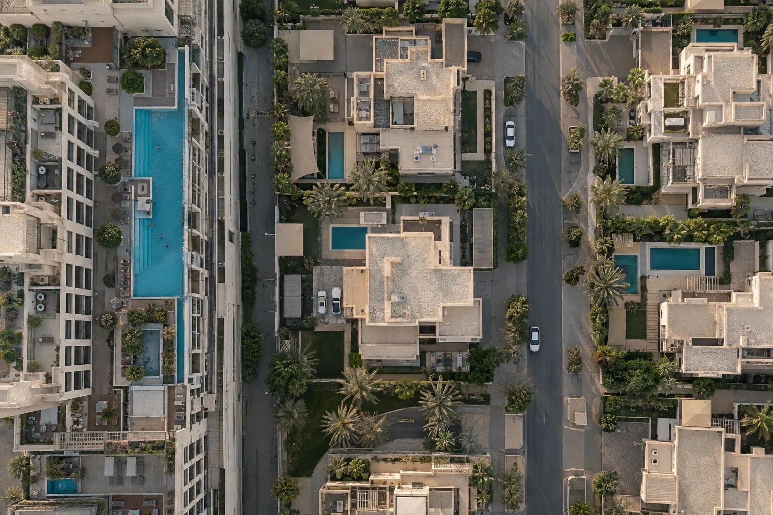 Aerial view: roof and pool of an apartment building beside villa rooftops with private pools