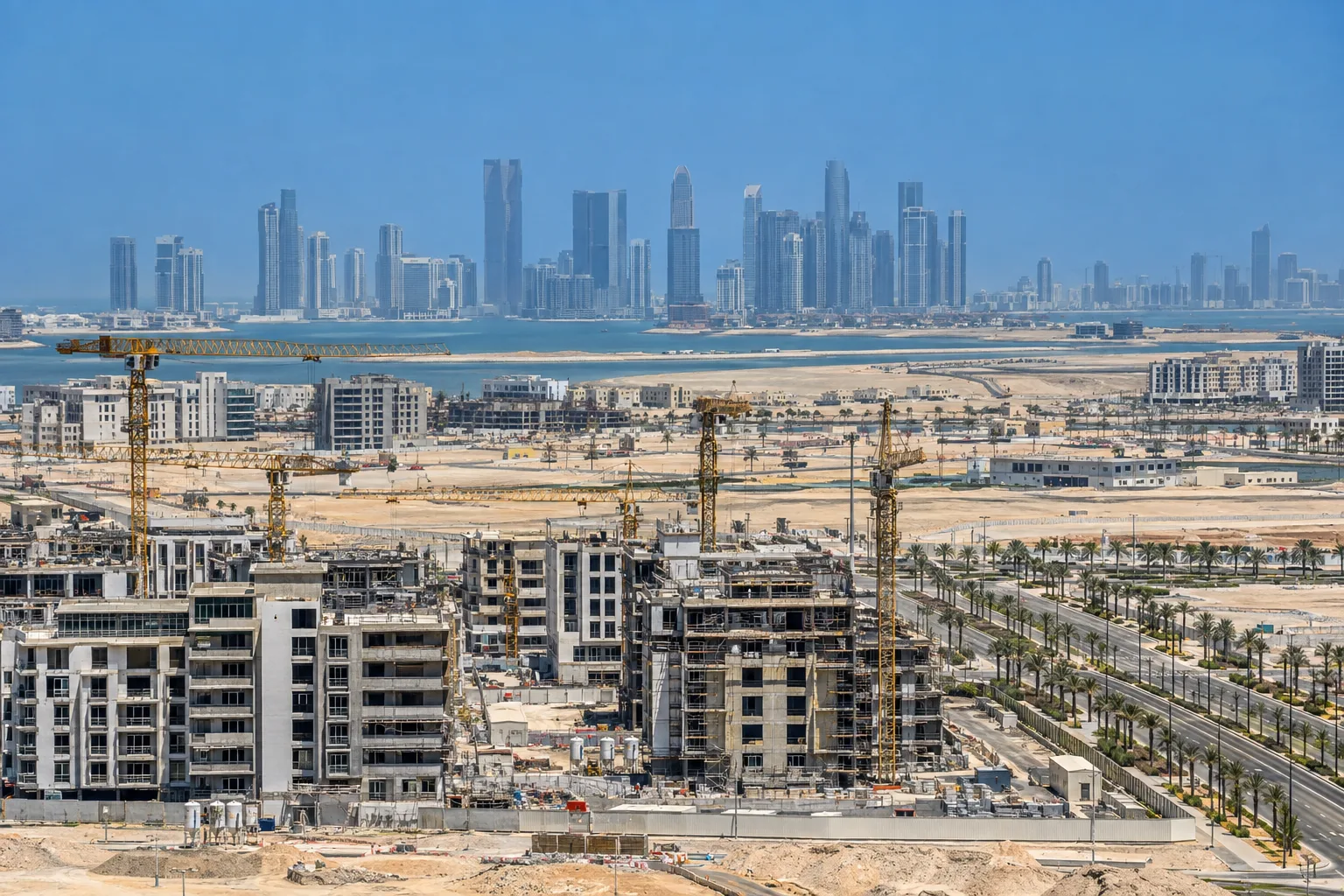 Construction sites and cranes in a new Abu Dhabi district, established neighborhoods in the background