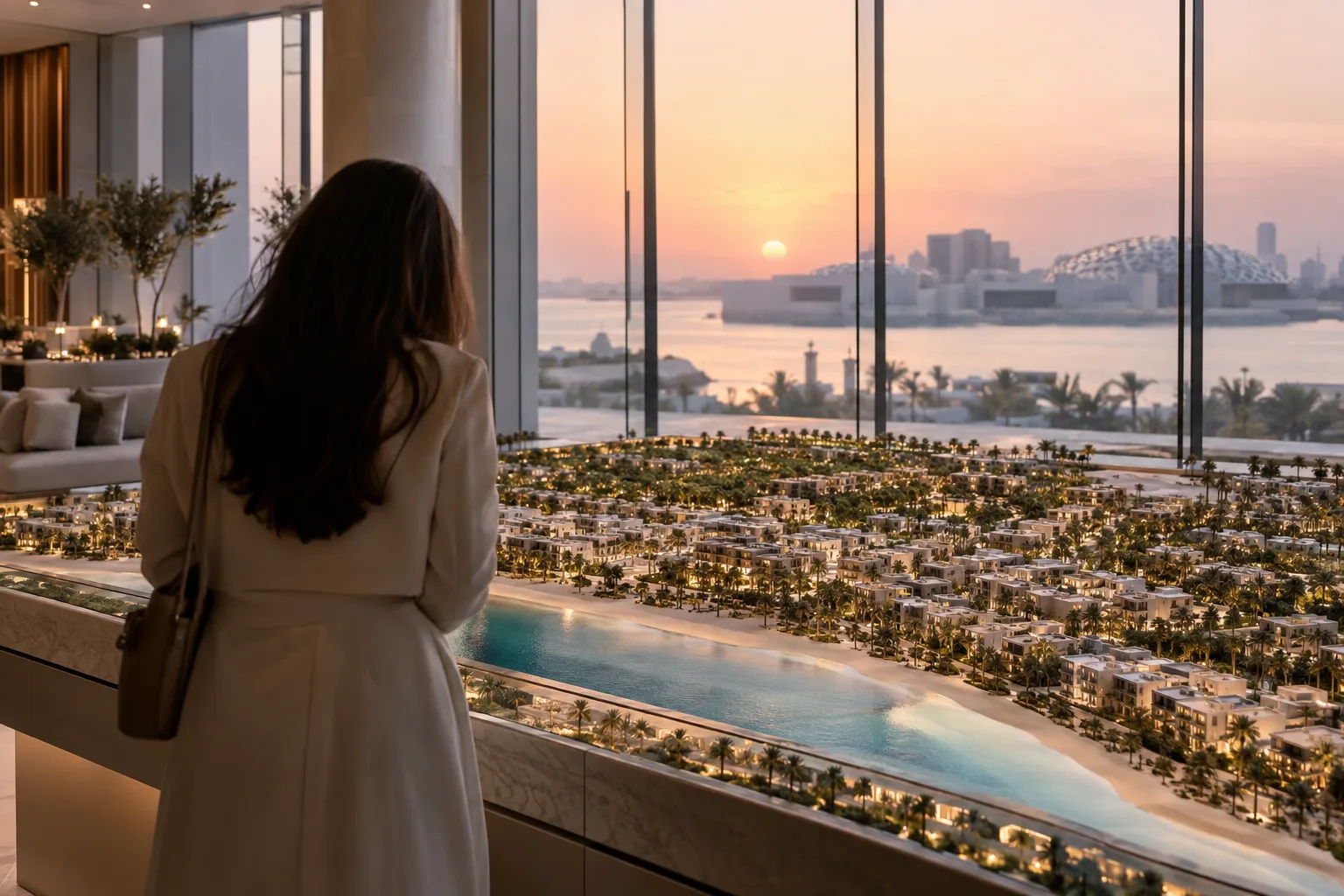 Visitor seen from behind leaning over a scale model of a Saadiyat residential community in a sales gallery