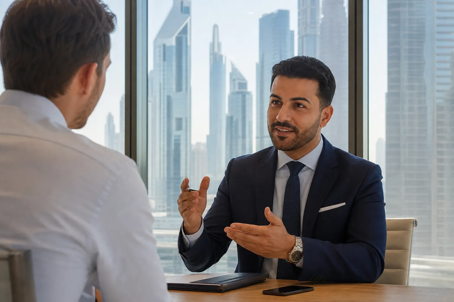 Conseiller en costume échangeant avec un client autour d'une table dans un bureau lumineux avec vue sur les gratte-ciels de Dubaï
