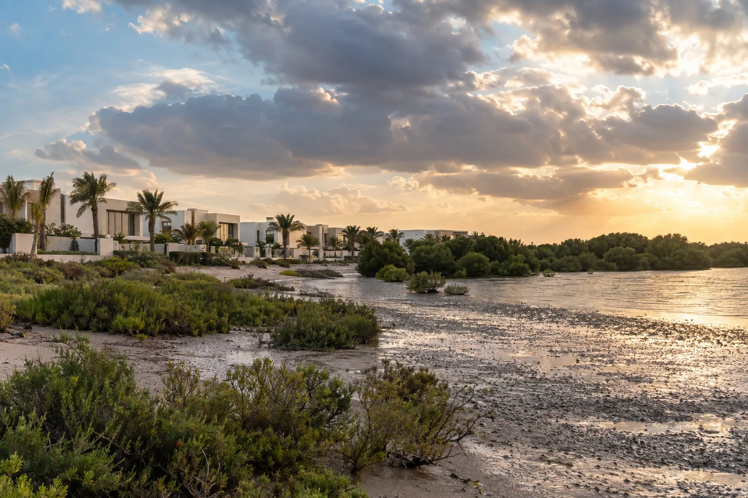 New Al Jurf villas behind a fringe of mangroves and coastal shrubs, on wet sand after rain
