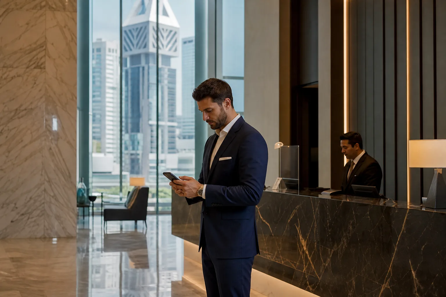 Businessman checking his phone in front of a premium bank counter in the Dubai financial district