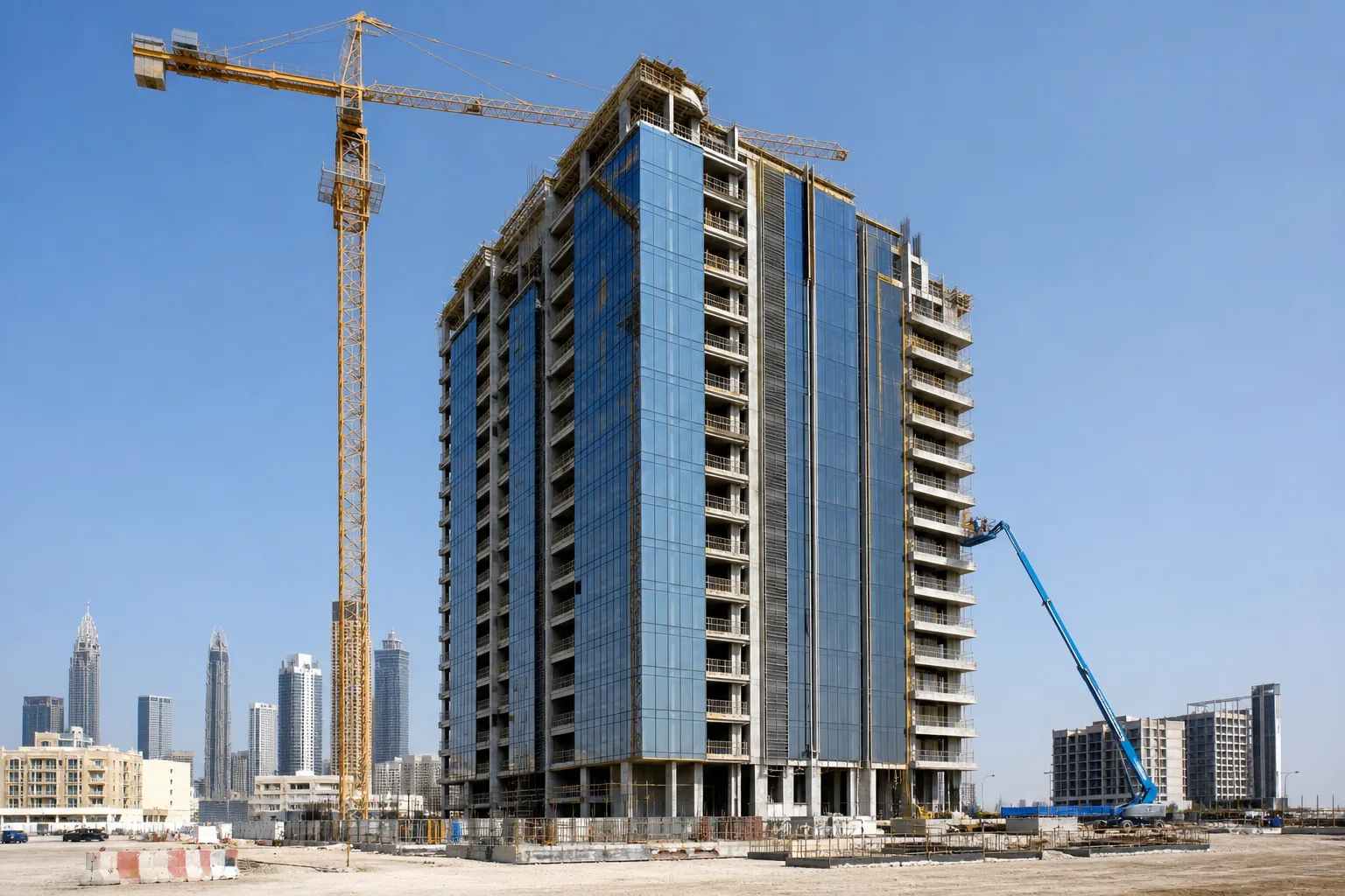 Residential tower construction site in Dubai nearing completion with cranes and a glass façade under a clear sky