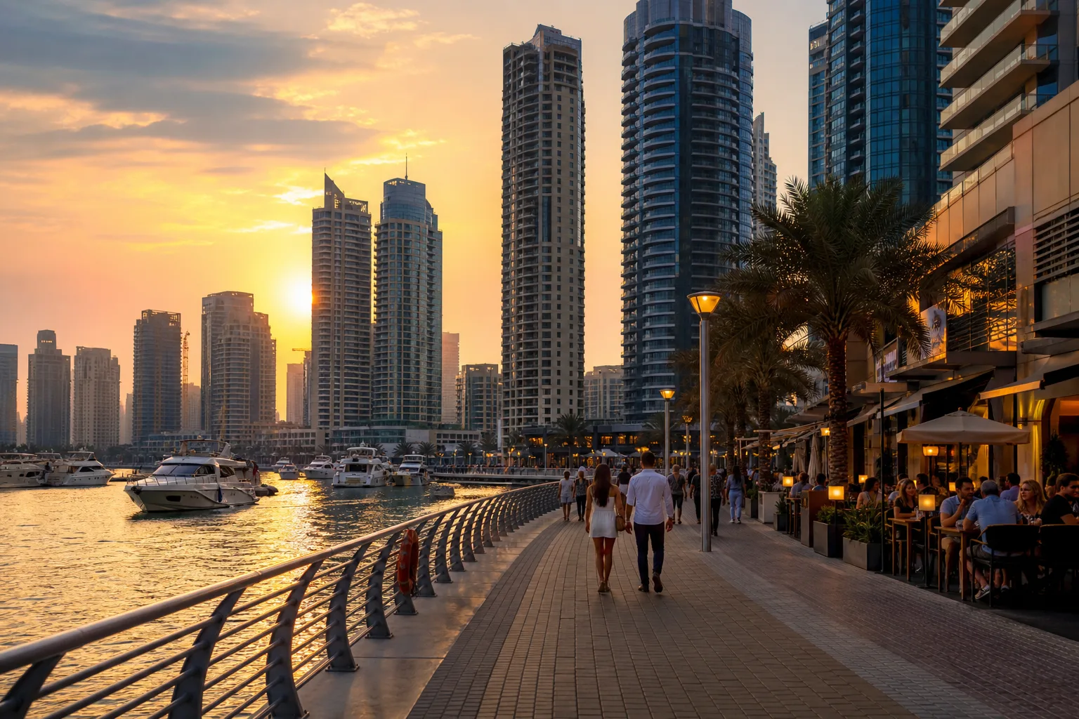 Набережная Dubai Marina с оживлёнными кафе и прохожими на закате