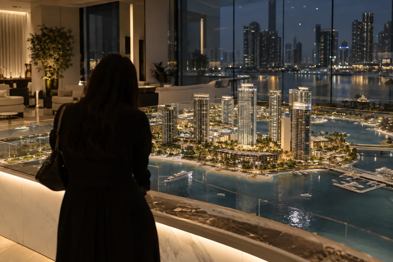 Buyer seen from behind in front of a scale model of residential towers in a sales gallery