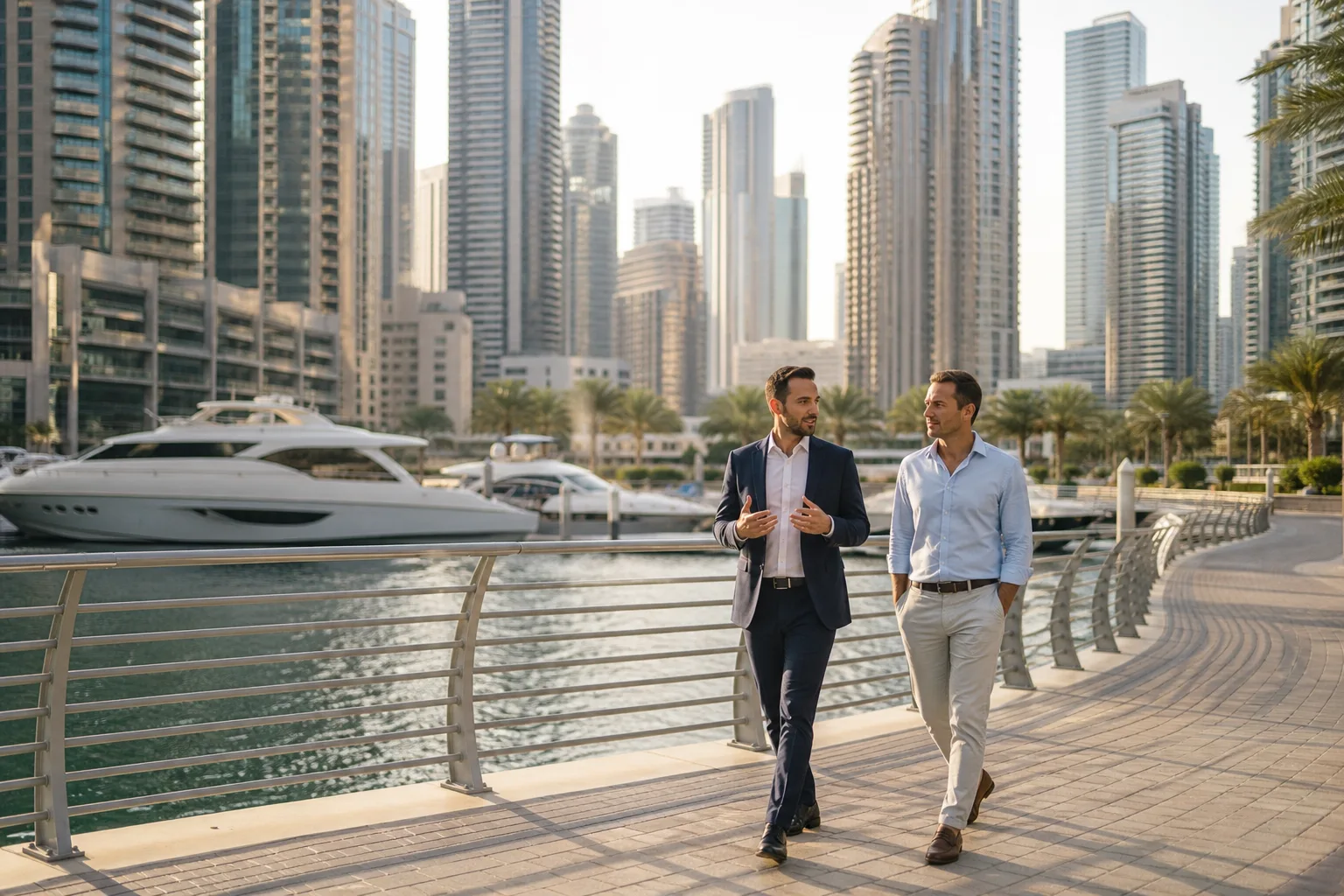 Conseiller et investisseur marchant ensemble le long de la marina de Dubaï en discutant devant les yachts
