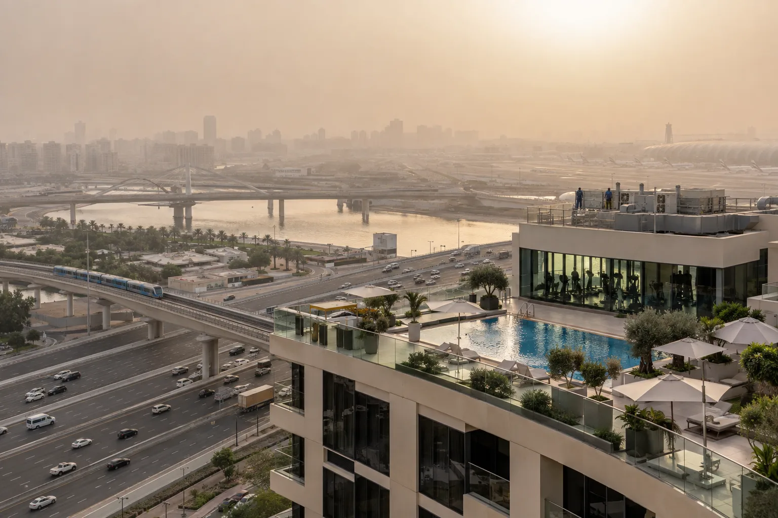 Shared pool and technical equipment on the rooftop of a residential building, amid a dust haze