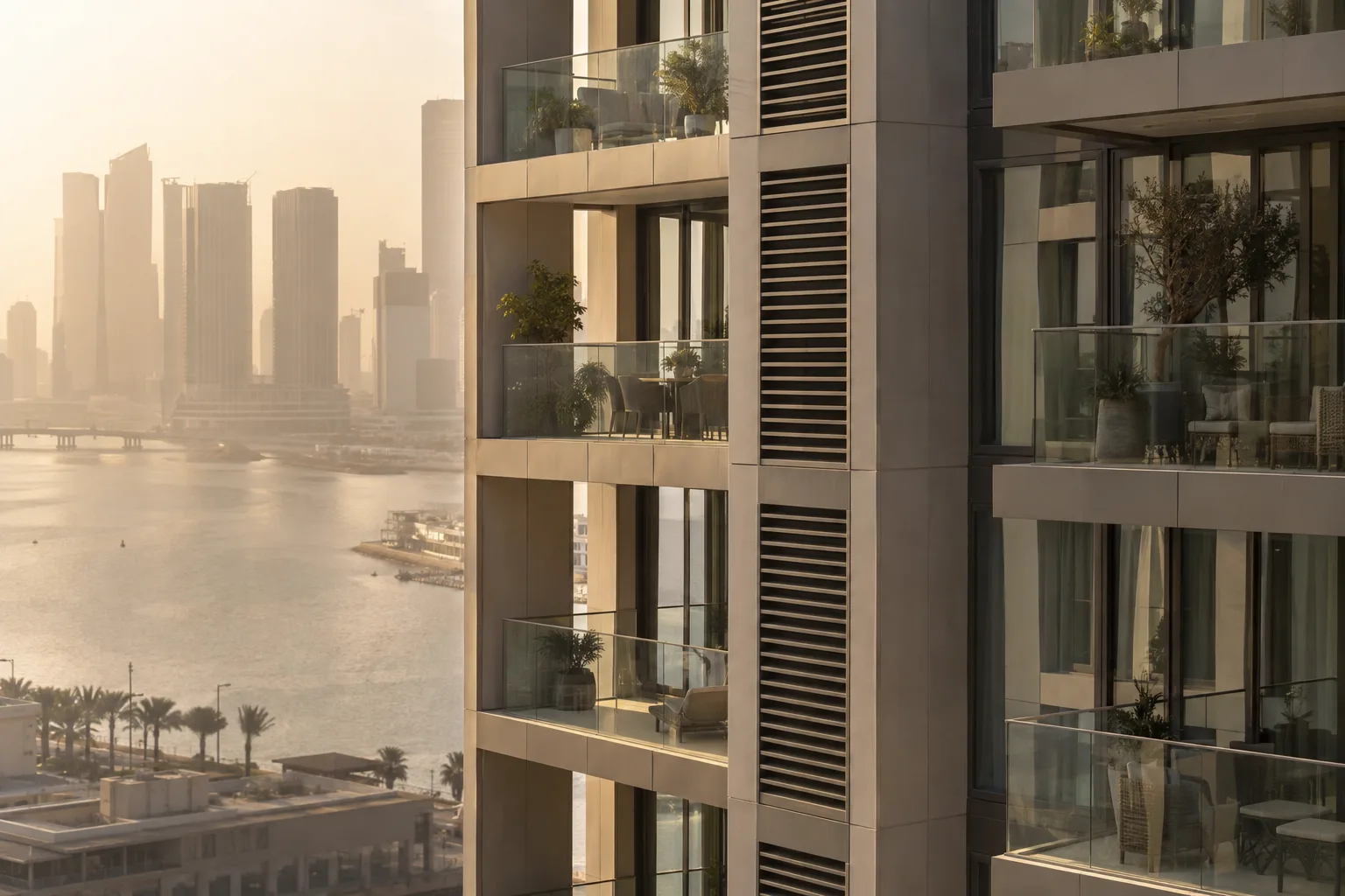 Facade detail of a residential tower on Al Maryah Island, glazed balconies and sun louvres in a dusty haze
