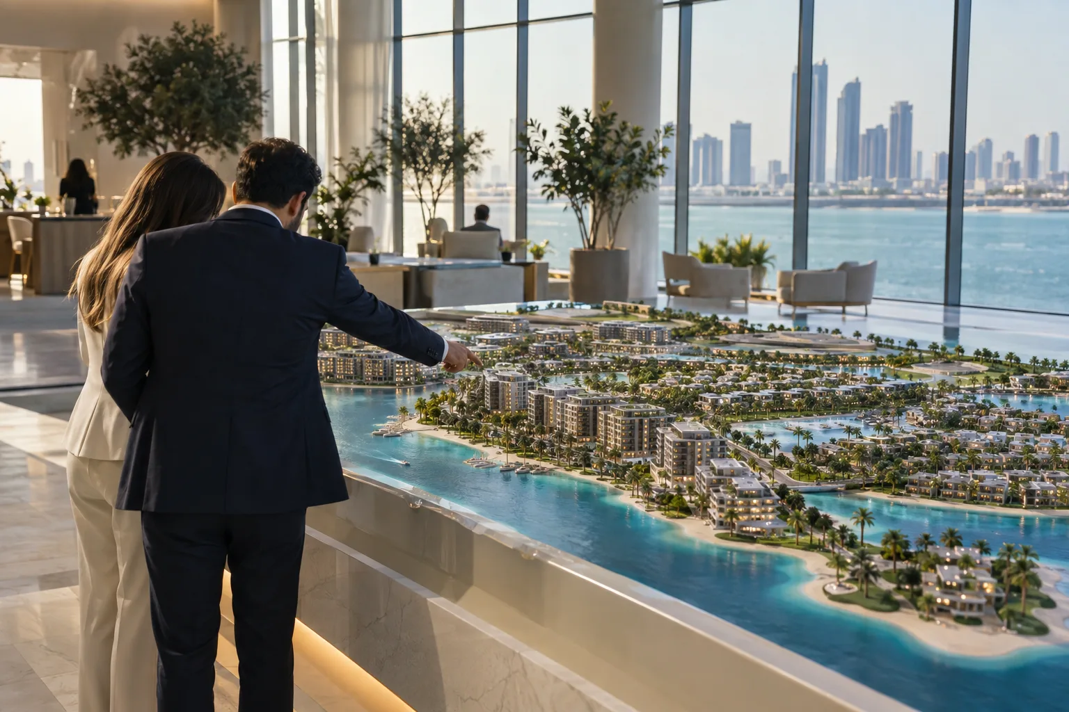 Two people seen from behind leaning over a model of a seaside residential neighborhood in a sales office in Abu Dhabi