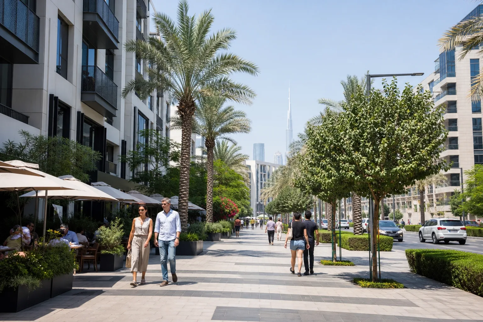 Rue résidentielle animée d'un quartier de Dubaï avec immeubles modernes et cafés en terrasse