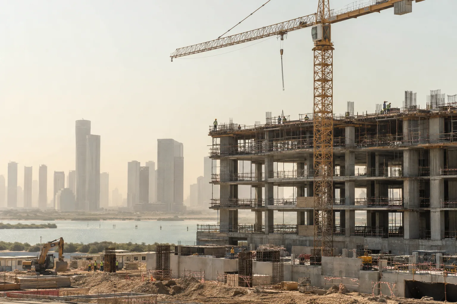 Concrete residential building under construction on Reem Island, crane and workers in the distance through a haze of dust