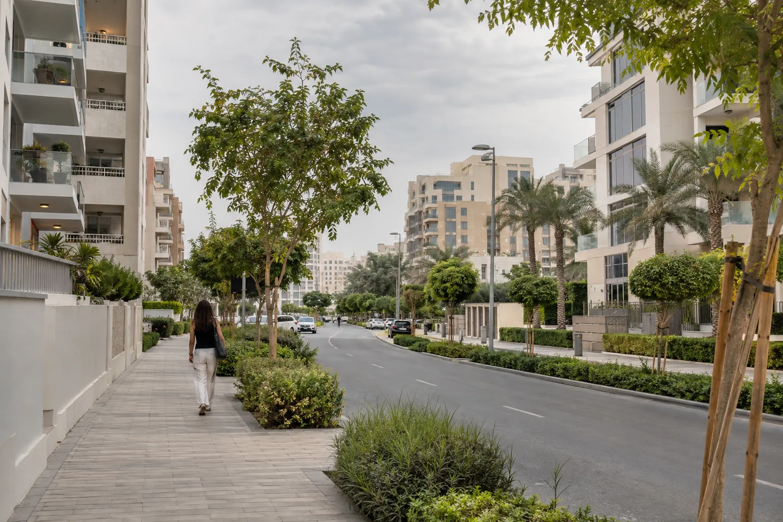 Residential street in Jumeirah Village Circle under an overcast sky, balcony buildings and a passerby seen from behind