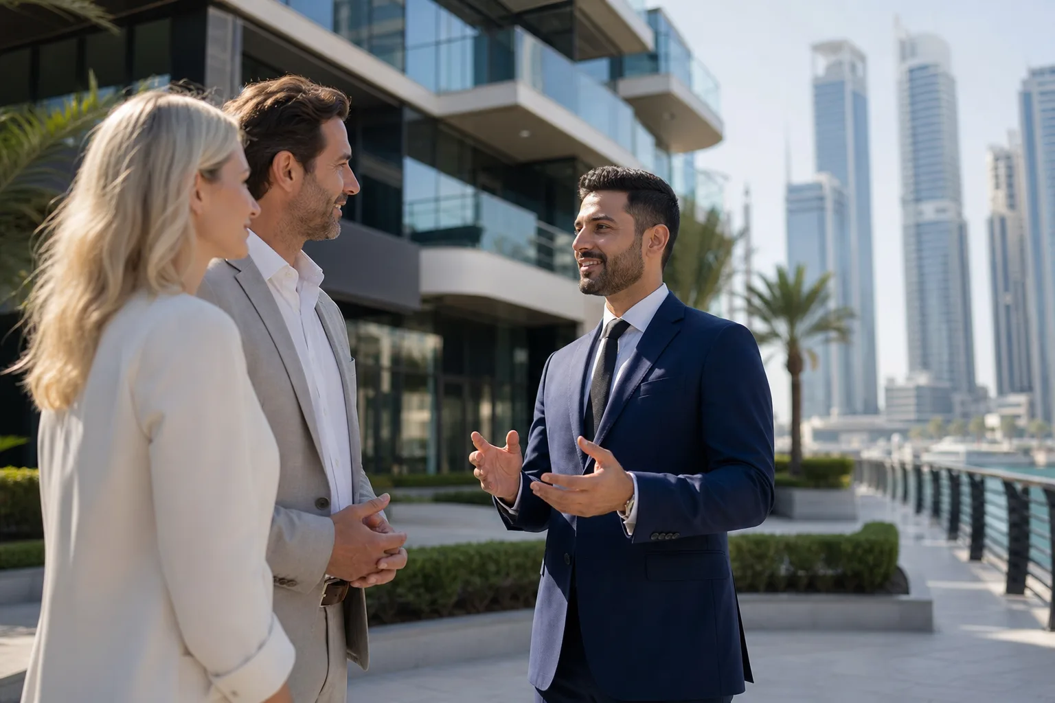 Couple élégant discutant avec un conseiller devant un immeuble résidentiel moderne à Dubaï en pleine journée ensoleillée