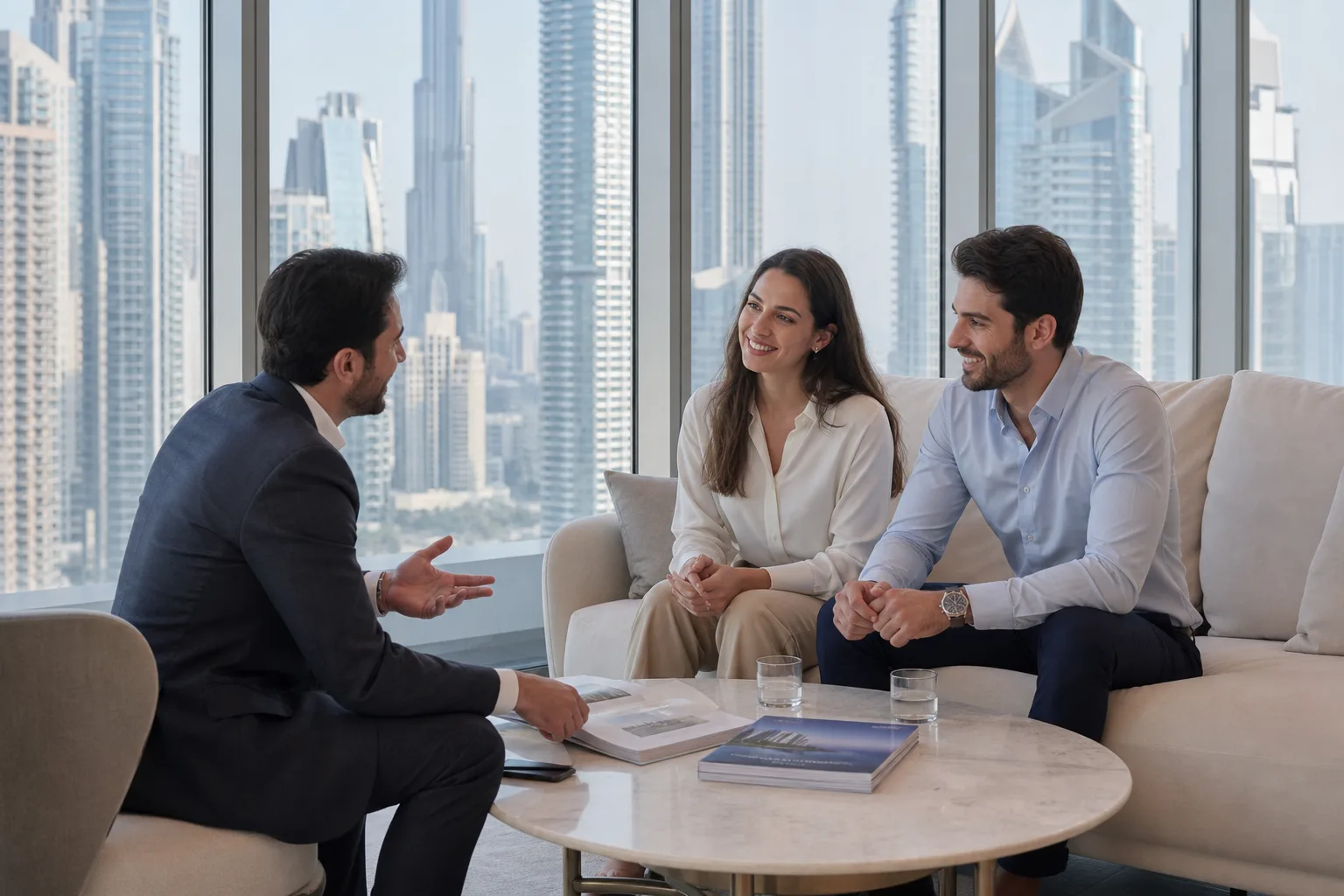 Adviser and clients talking in front of a glass wall overlooking the Dubai towers