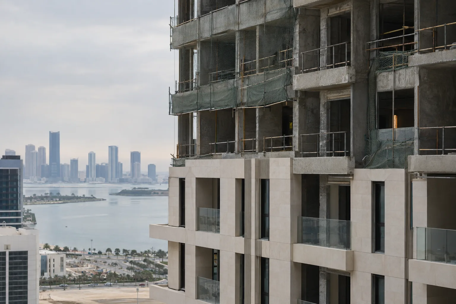 Unfinished residential facade, stone cladding stopping short of bare concrete, on an overcast day