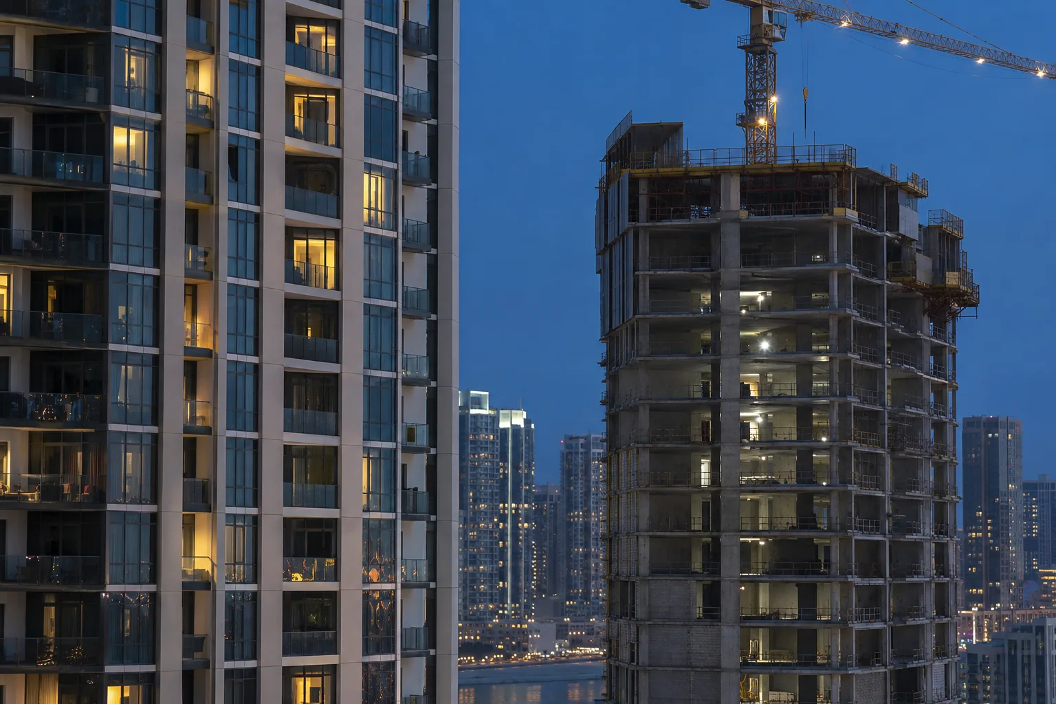Tower under construction with a crane beside a lit completed tower at blue hour