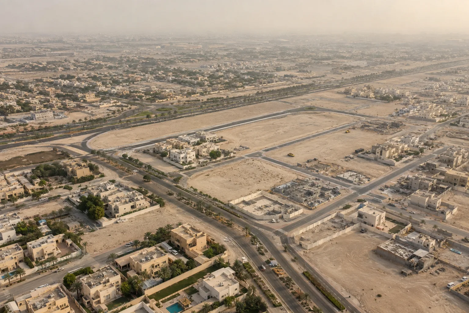 Oblique aerial view of Al Bahyah in a dusty haze: beige villas and plots under development
