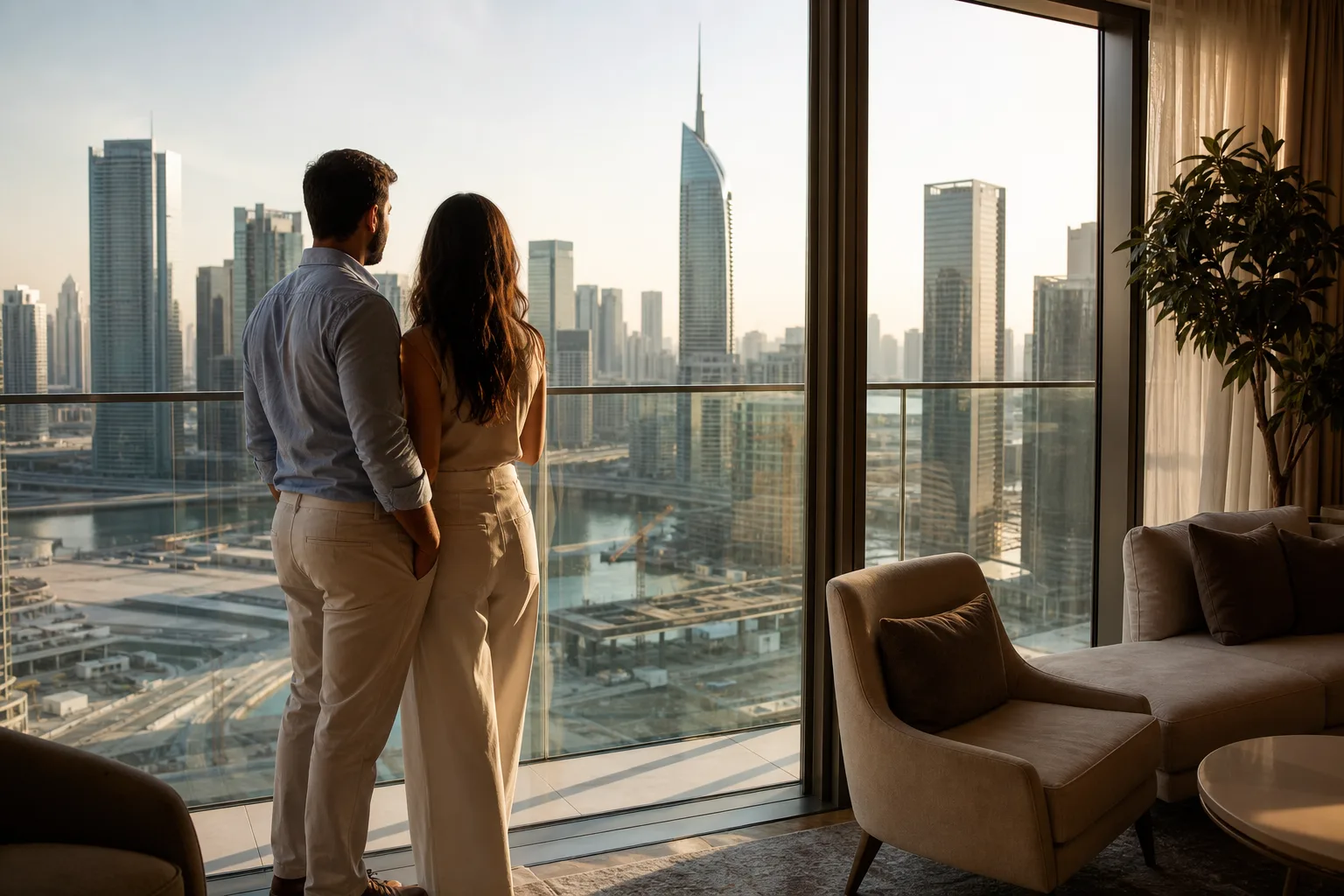 Pareja elegante contemplando el skyline de Business Bay desde el balcón de un apartamento de alta gama al atardecer