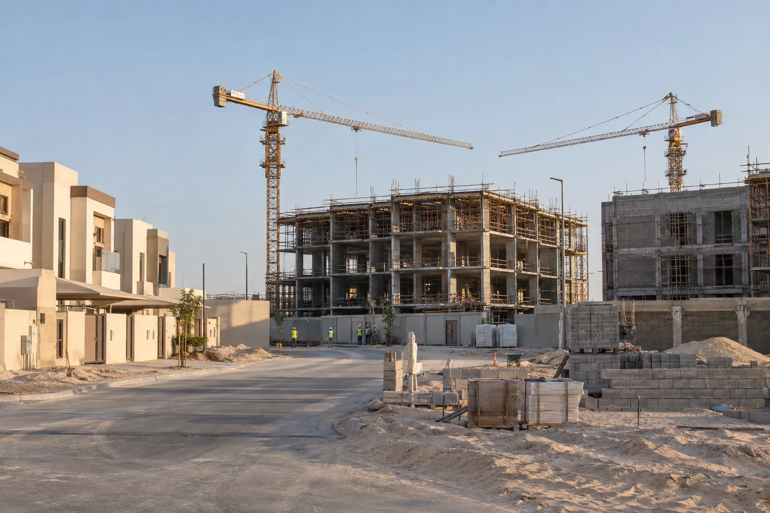 Villas and a small building under construction in Al Bahyah in the afternoon, sandy plots and scaffolding