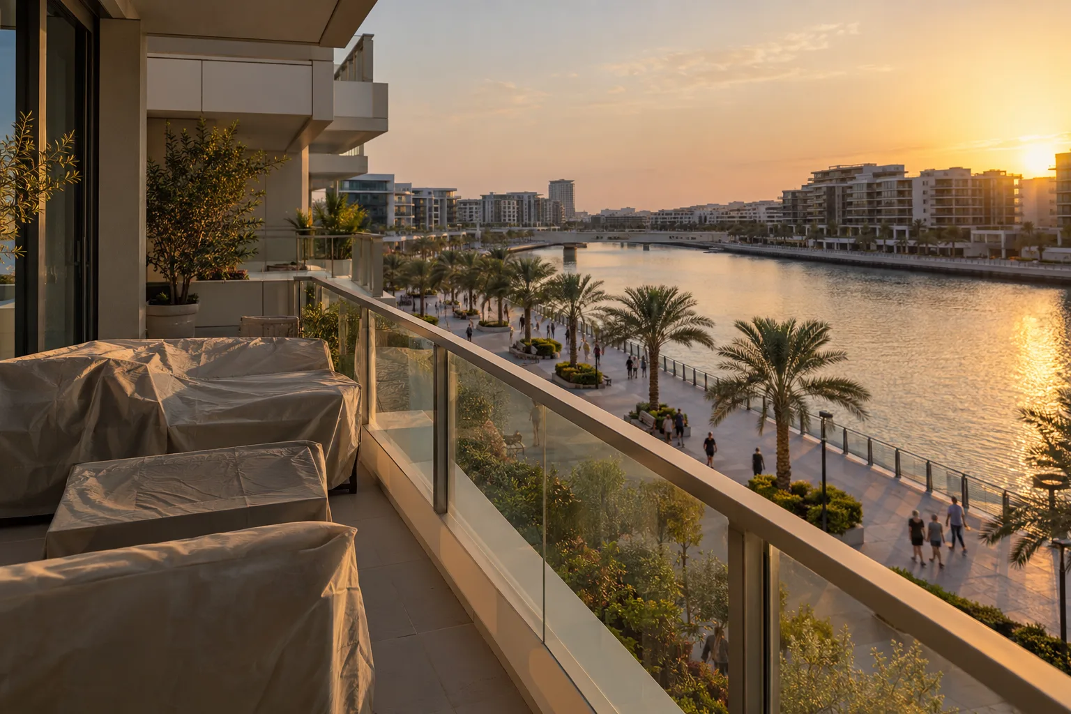 Empty balcony of a Yas Island apartment with covered furniture, overlooking a waterfront promenade