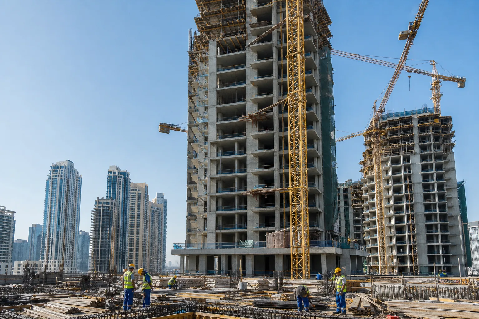 Chantier de tours résidentielles en construction sous un ciel dégagé à Dubaï