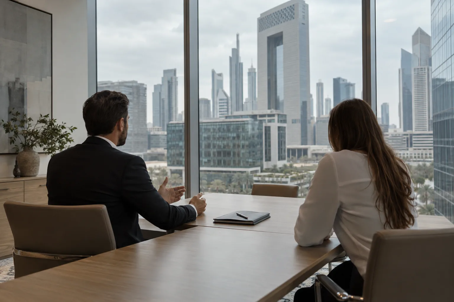 A bank advisor and a borrower, seen from behind, talking across a table in a glass-walled DIFC office