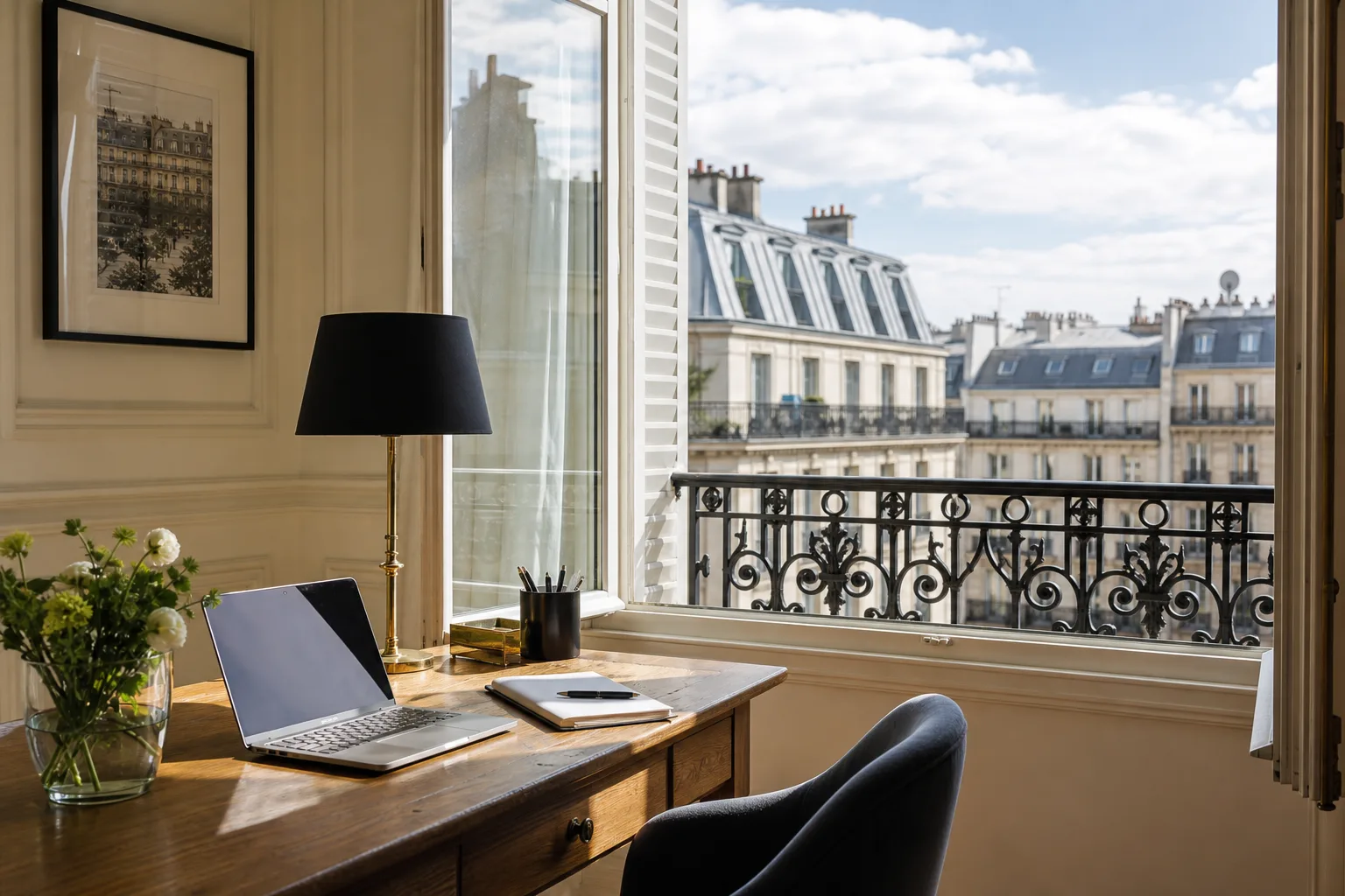Bureau à domicile à Paris avec vue sur les toits haussmanniens et ordinateur portable